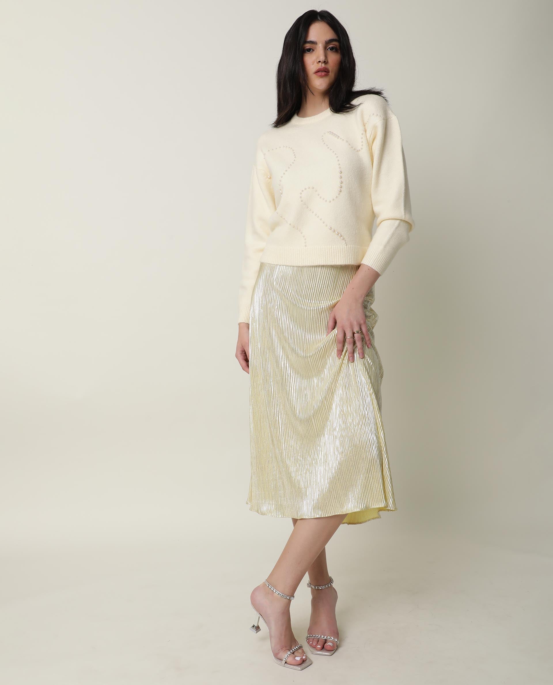 Rareism Women's Tulsy Offwhite Acrylic Crew Neck Embellished Knee Length Regular Fit Sweater