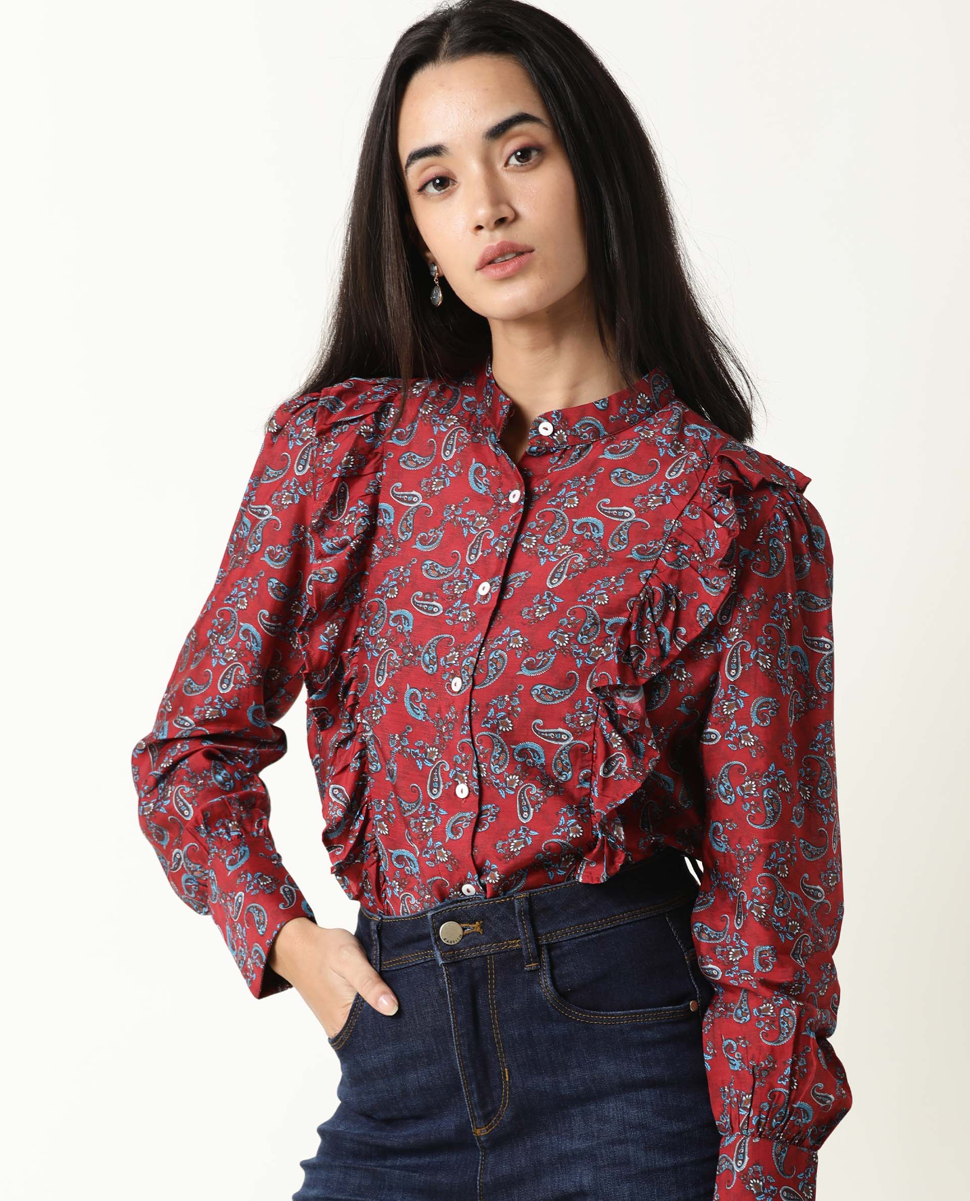 Rareism Women's Pumpkin Maroon Mandarin Collar Embroidered Regular Fit Top