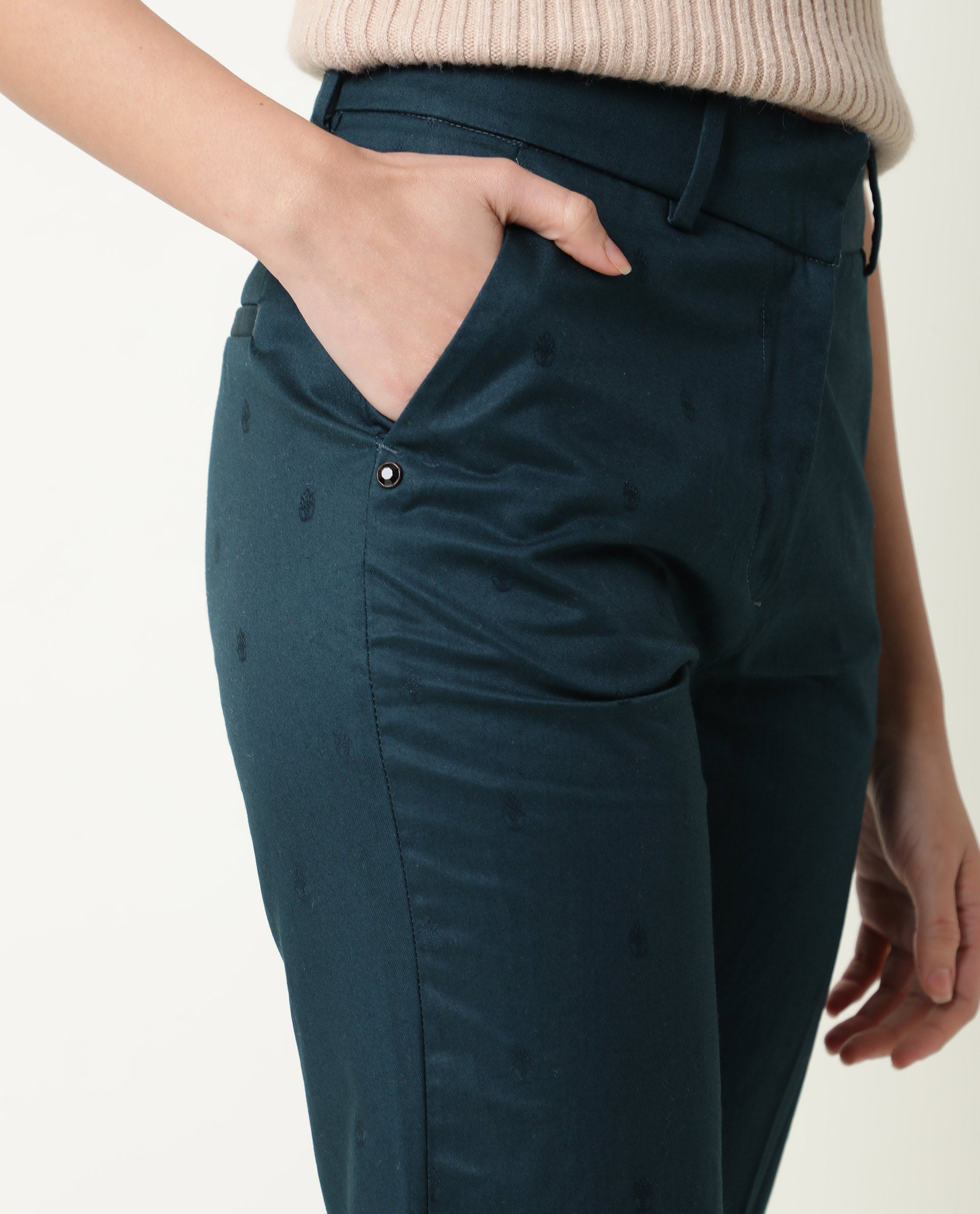 Rareism Women's Odyssey Petrol Viscose Plain Ankle Length Tailored Trouser