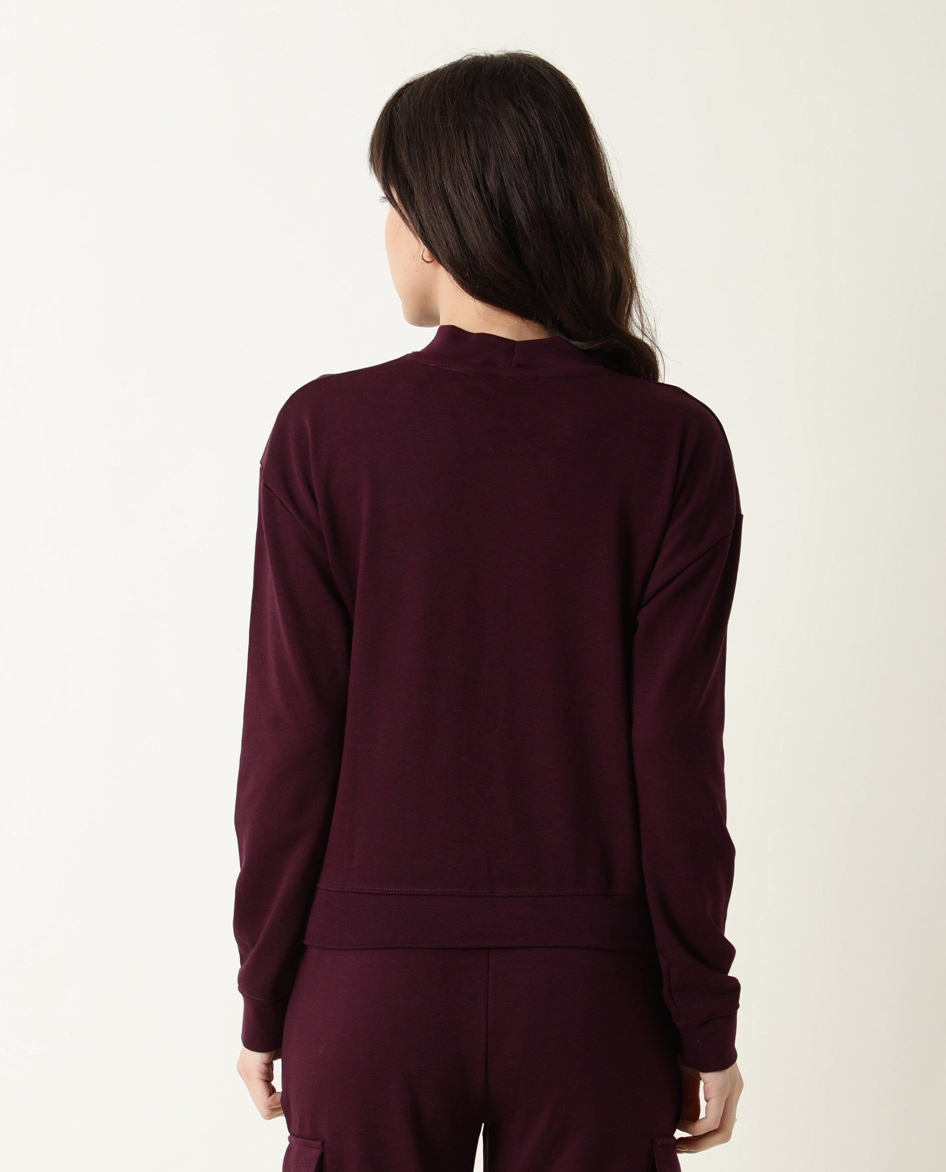 Rareism Women Hectare Dark Purple Cotton Poly Fabric Relaxed Fit Full Sleeves Solid High Neck Sweatshirt