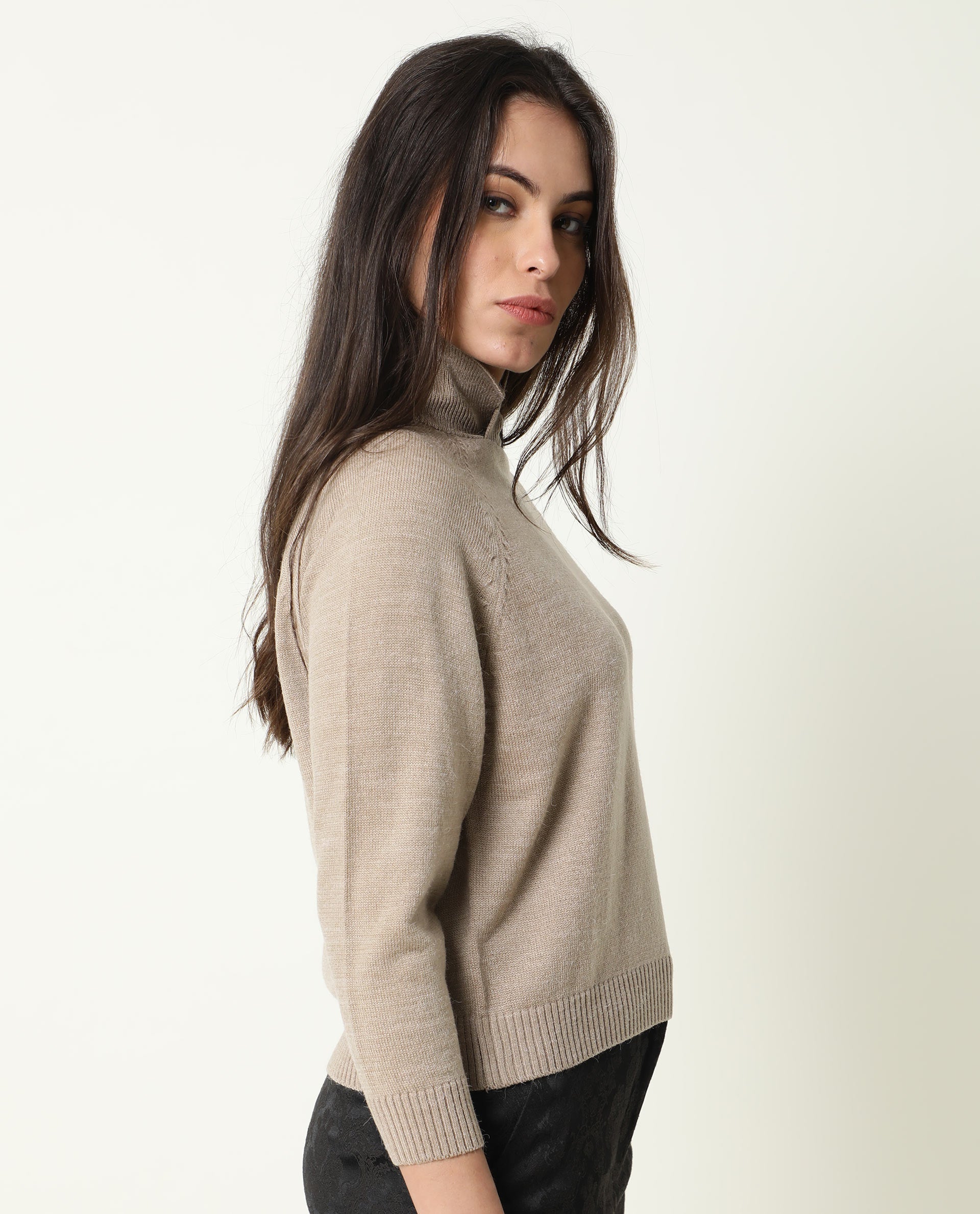 Rareism Women Polish Light Beige Acrylic Fabric Full Sleeves Knee Length Regular Fit Solid Shirt Collar Sweater