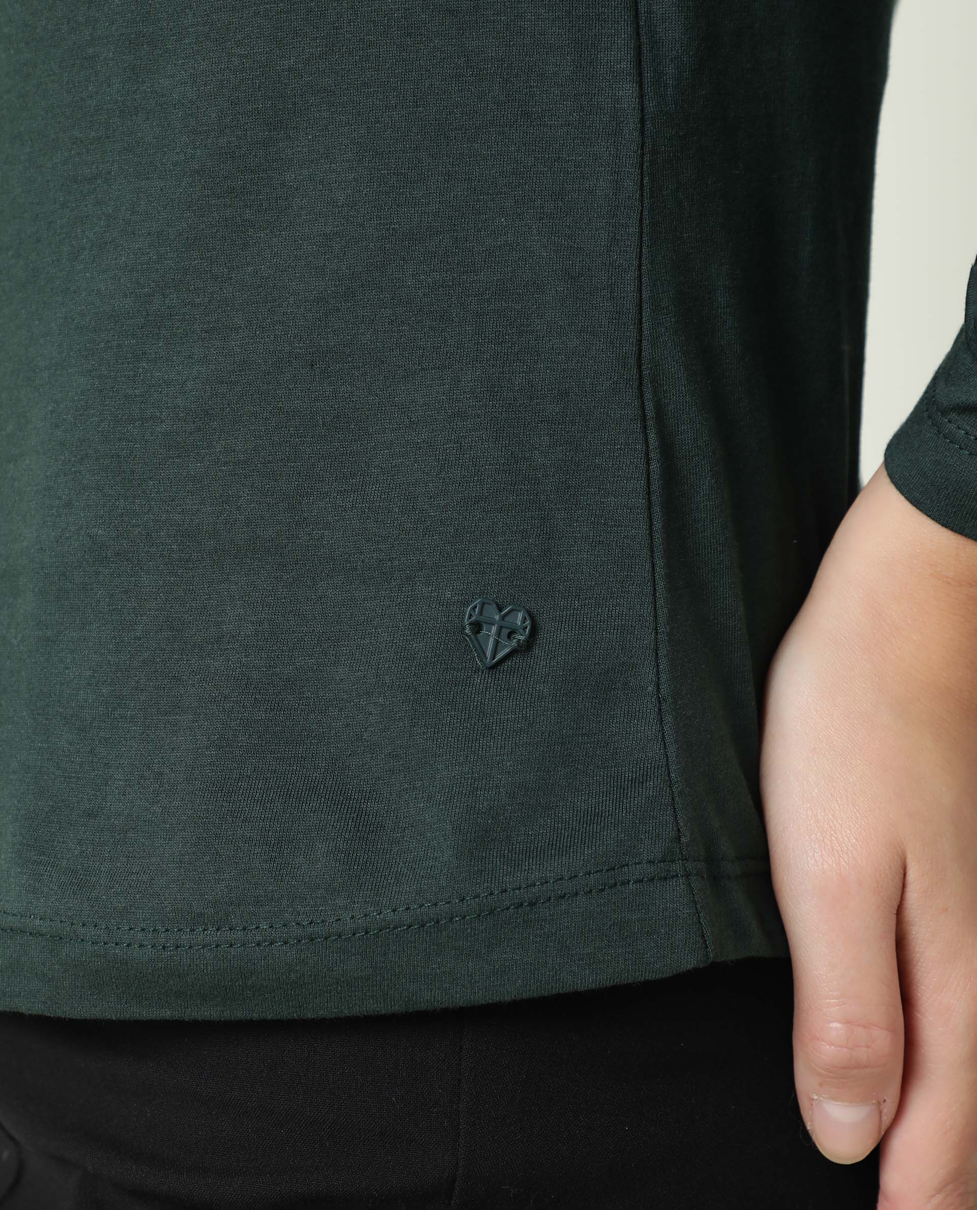 Rareism Women Ballerina Dark Green Cotton Fabric Regular Fit Knee Length Boat Neck 3/4Th Sleeves Solid Top