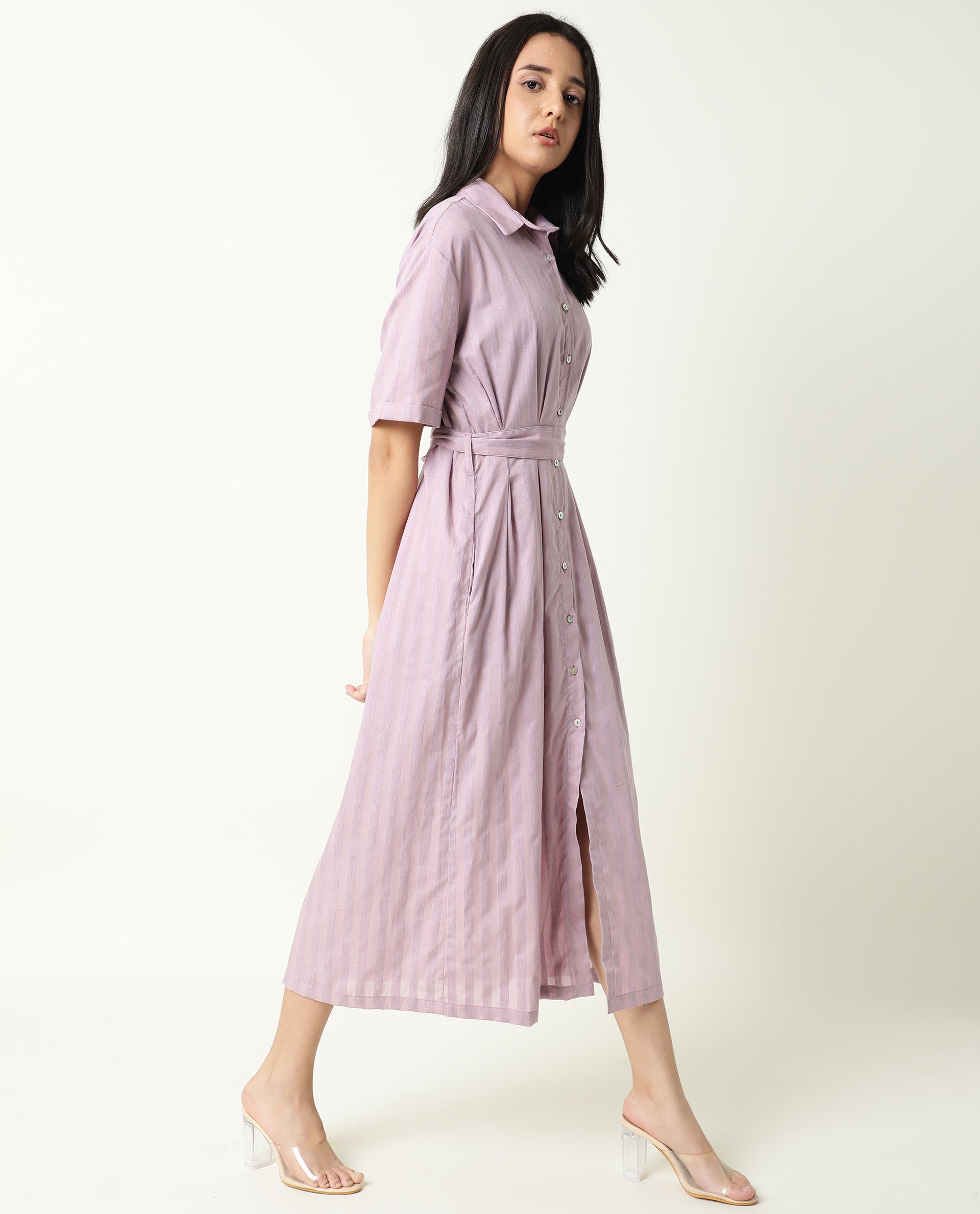 Rareism Women's Paris Pink Spread Collar Striped Knee Length Regular Fit Dress