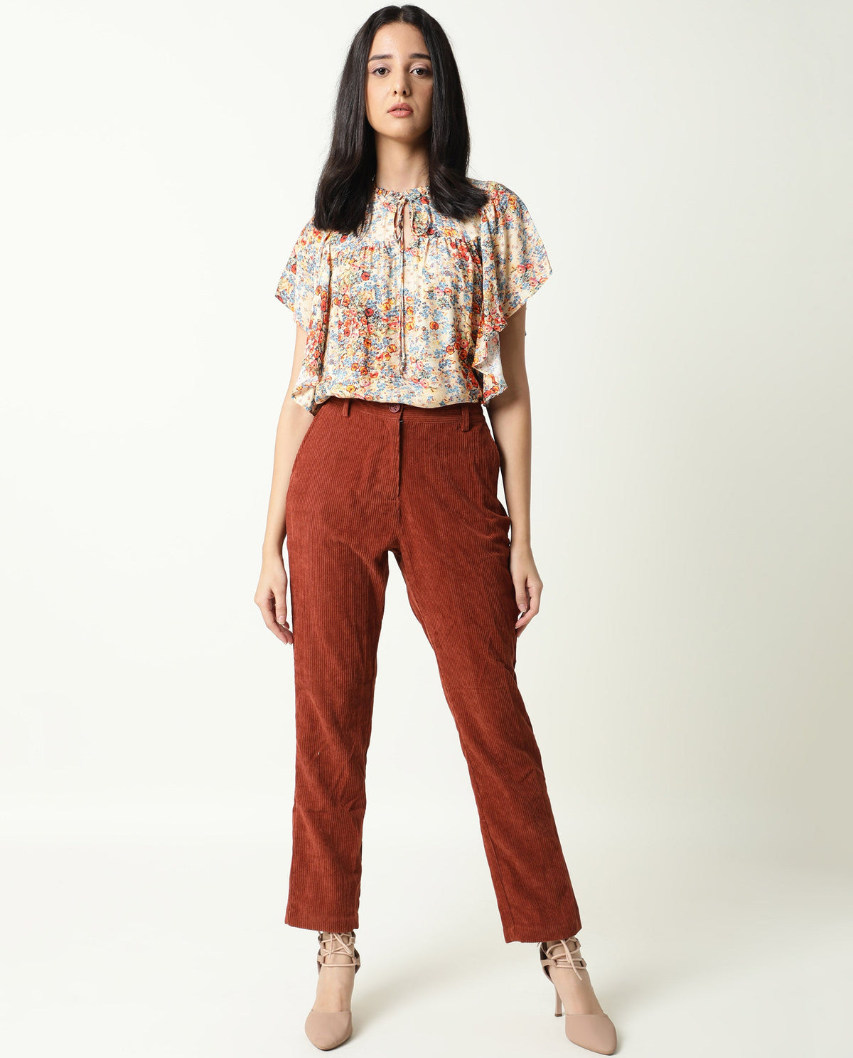 Rareism Women Nigel Off White Cotton Silk Fabric Relaxed Fit Tie-Up Neck Half Sleeves Floral Print Top