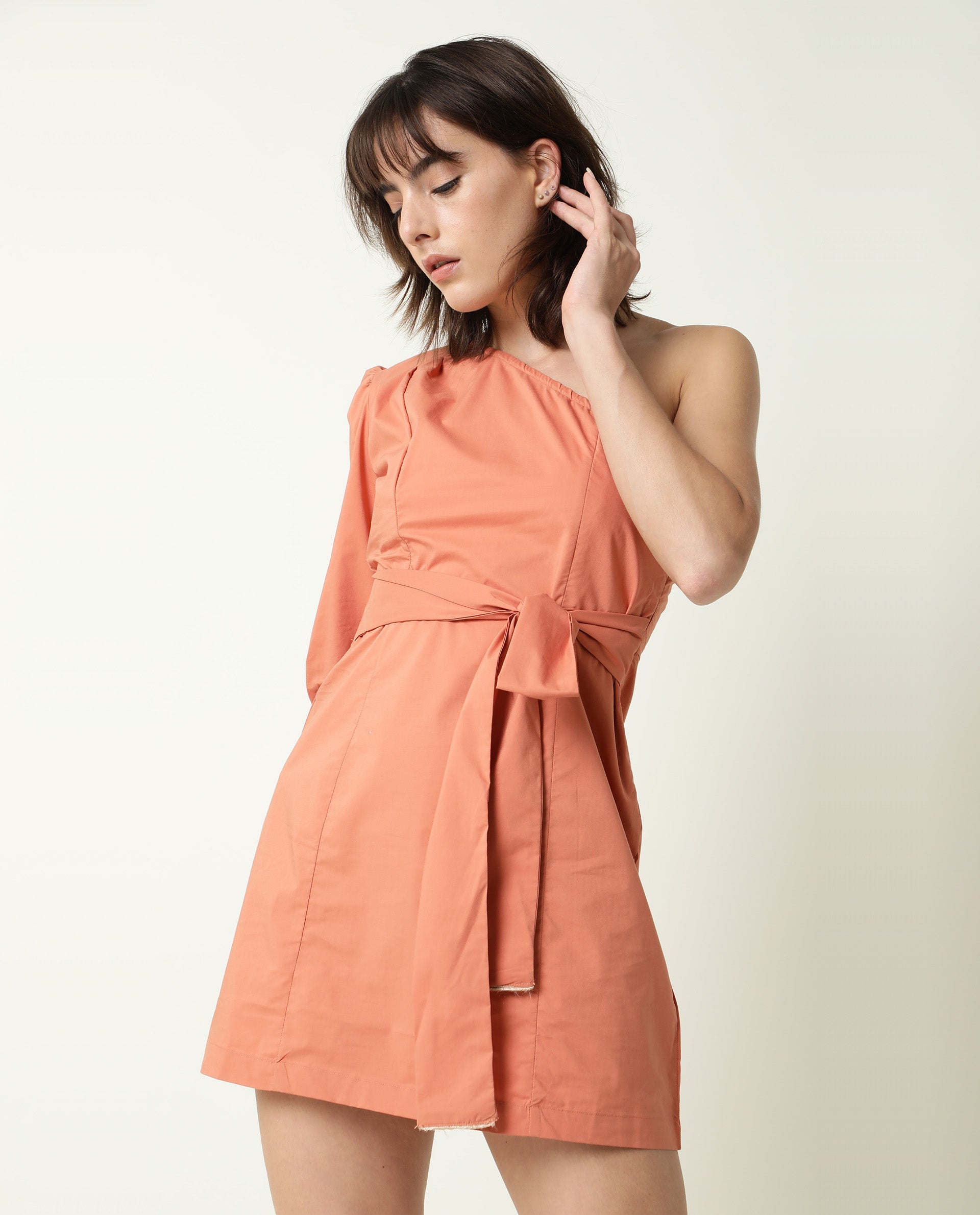 Rareism Women's Floris Peach Polyester Blend One Shoulder Plain Puff Sleeves Knee Length Slim Fit Dress