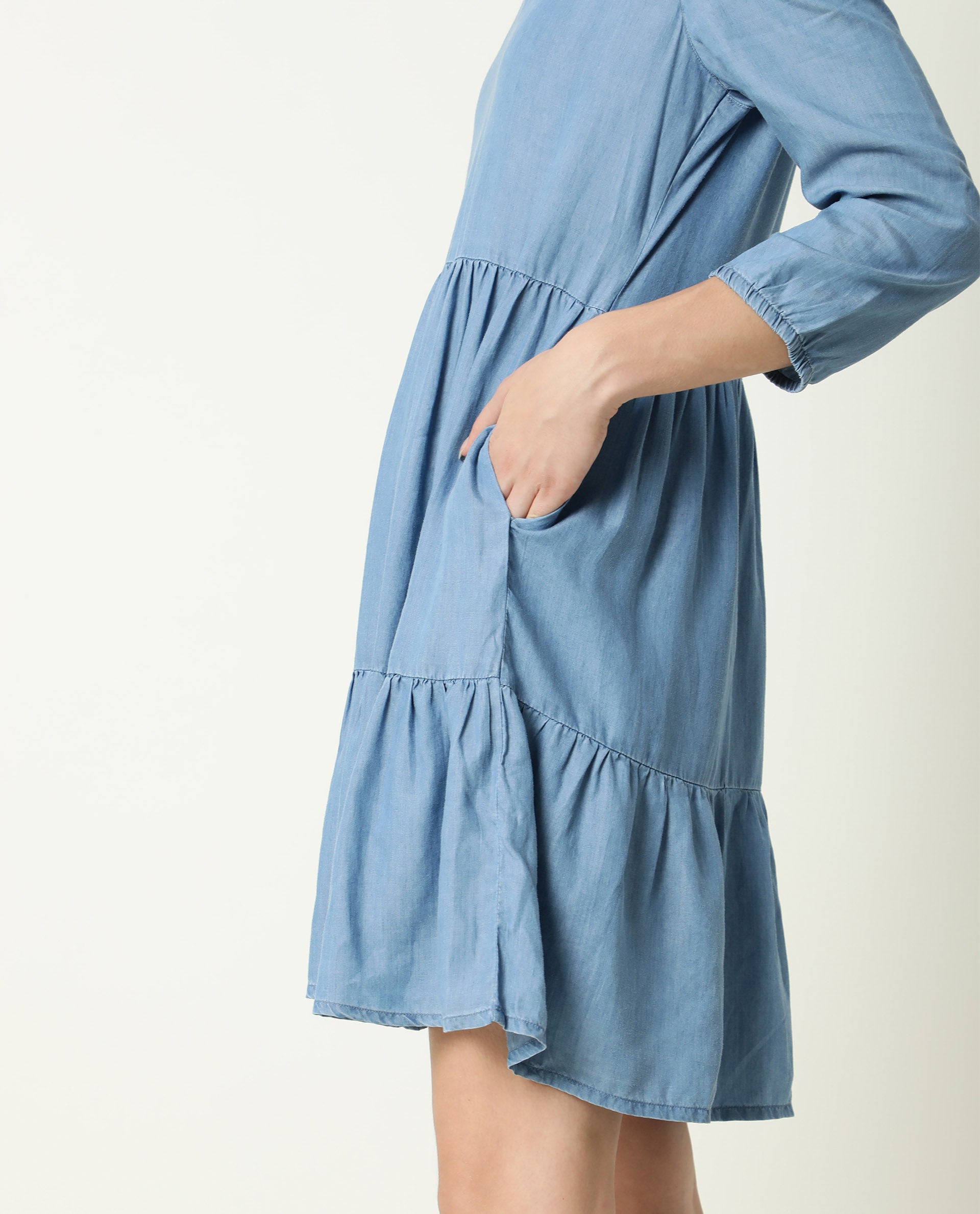 Rareism Women Mayo Blue Mandarin Collar Full Sleeves With Pockets Tiered Knee Length Dress