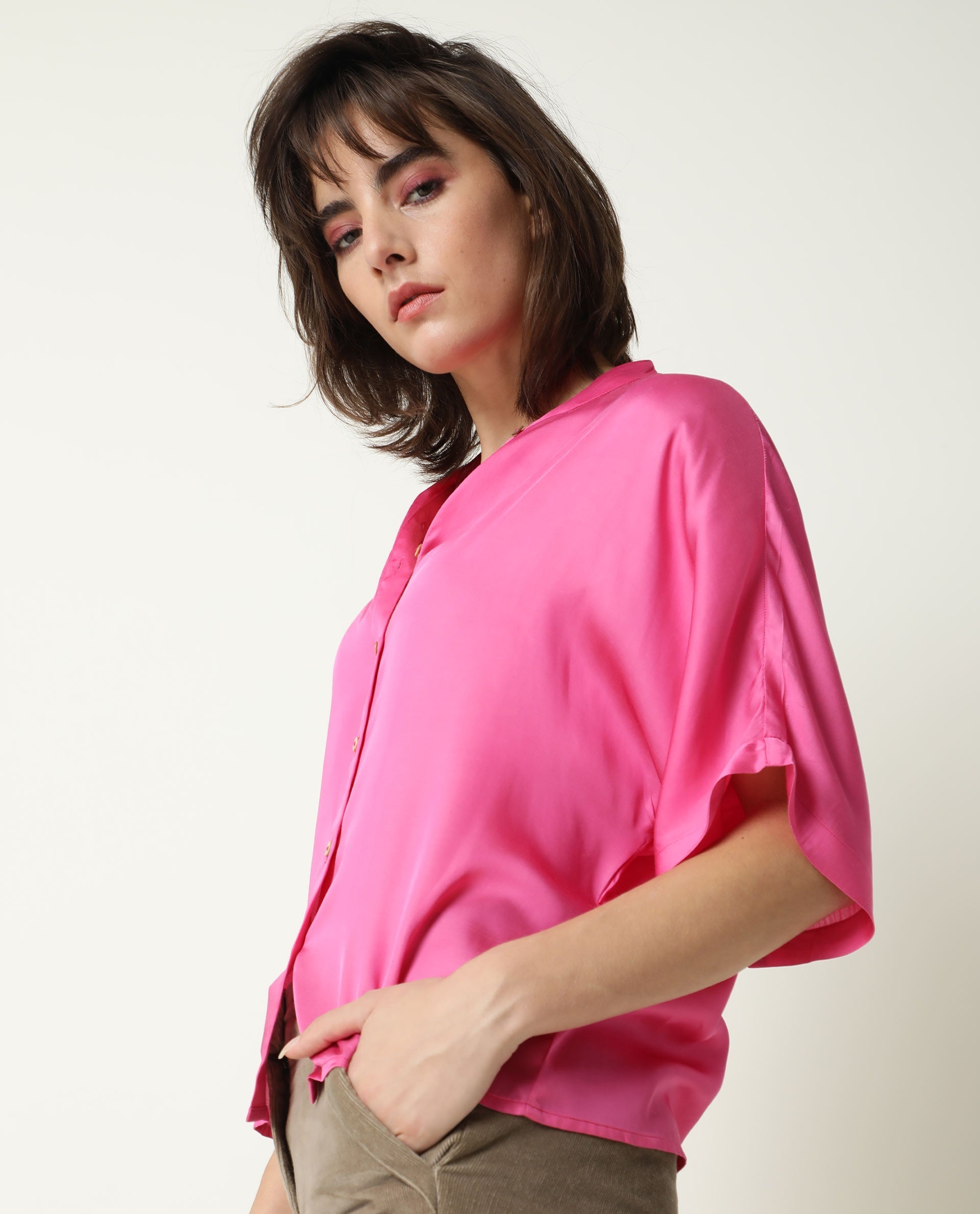 Rareism Womens Paige Pink Top Modal Satin Fabric Regular Fit Kimono Sleeve Mandarin Neck