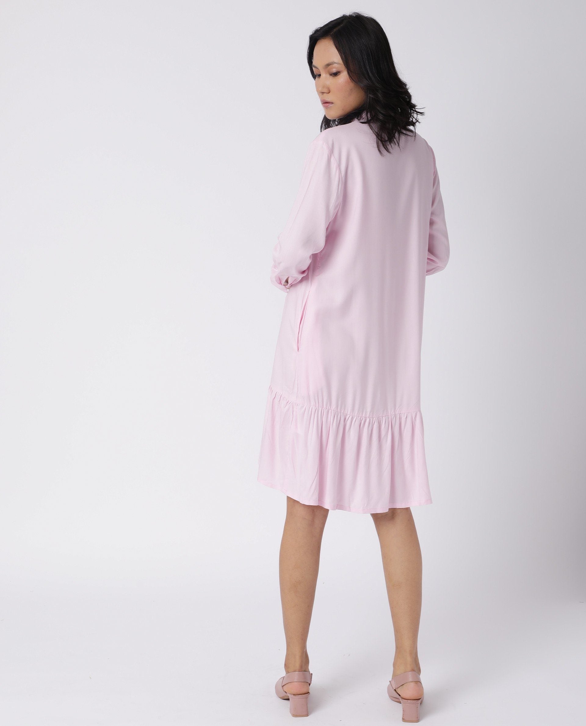 Rareism Women Insert Pink Mandarin Collar 3/4 Sleeves Front Full Button Closure Placket Tiered Knee Length Dress
