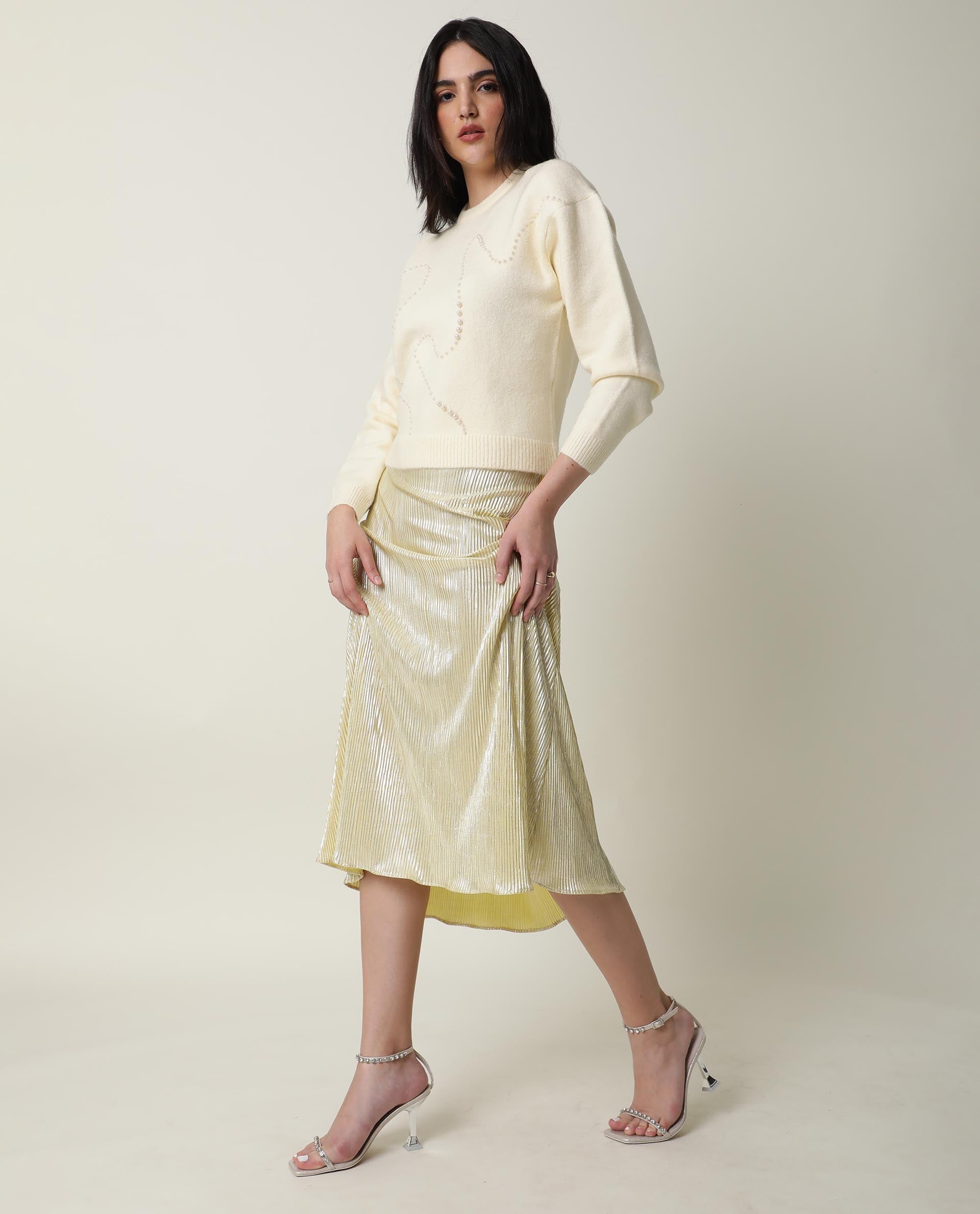 Rareism Women Tulsy Off White Acrylic Fabric Full Sleeves Knee Length Regular Fit Sequined Round Neck Sweater