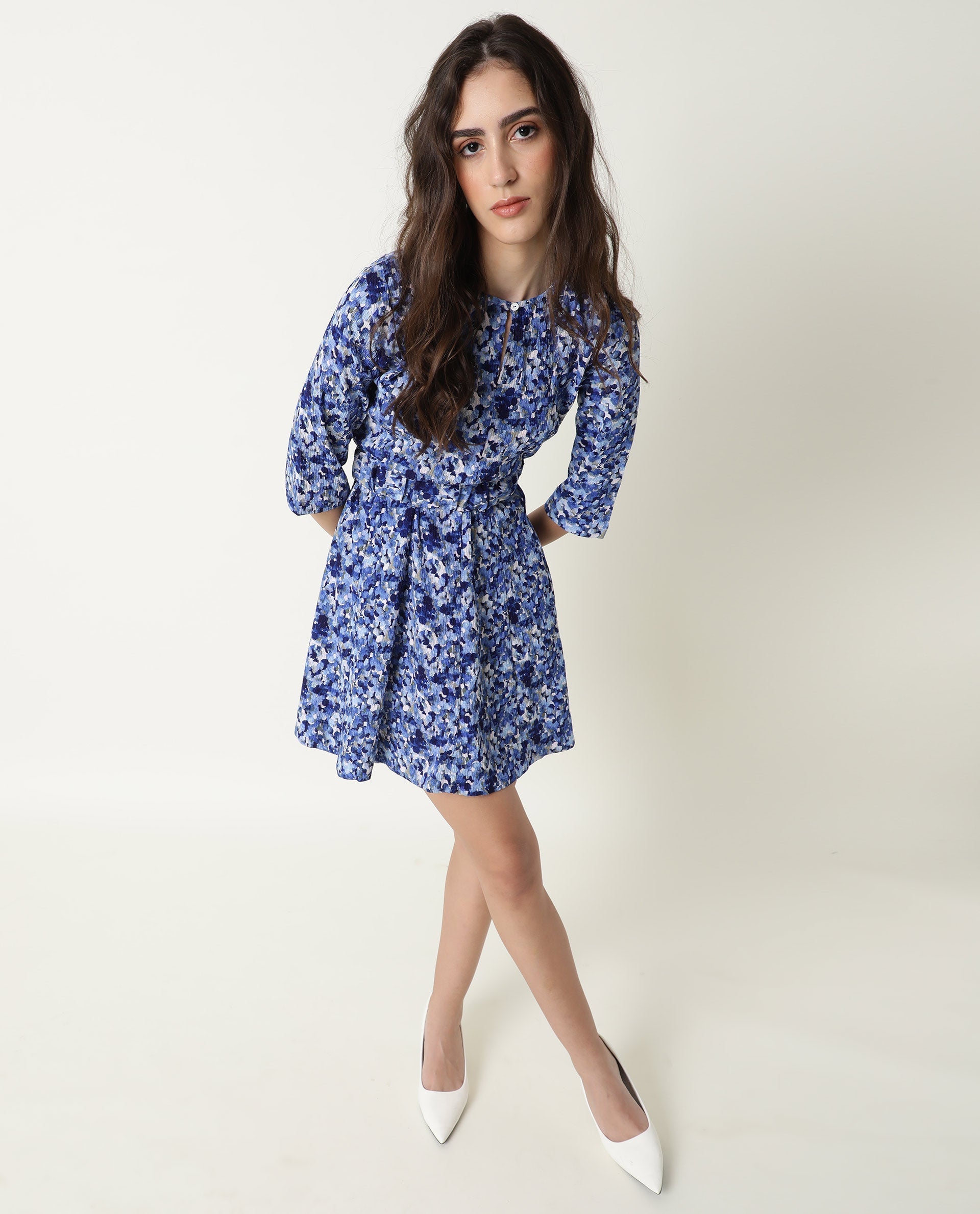 Rareism Womens Maisey Blue Dress Polycoton Fabric Half Sleeve Round Neck