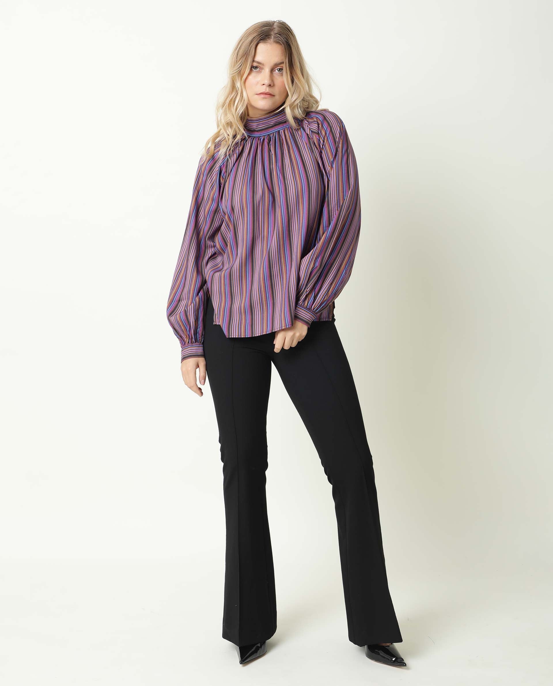 Rareism Women's Autumn Multi High Neck Striped Knee Length Regular Fit Top