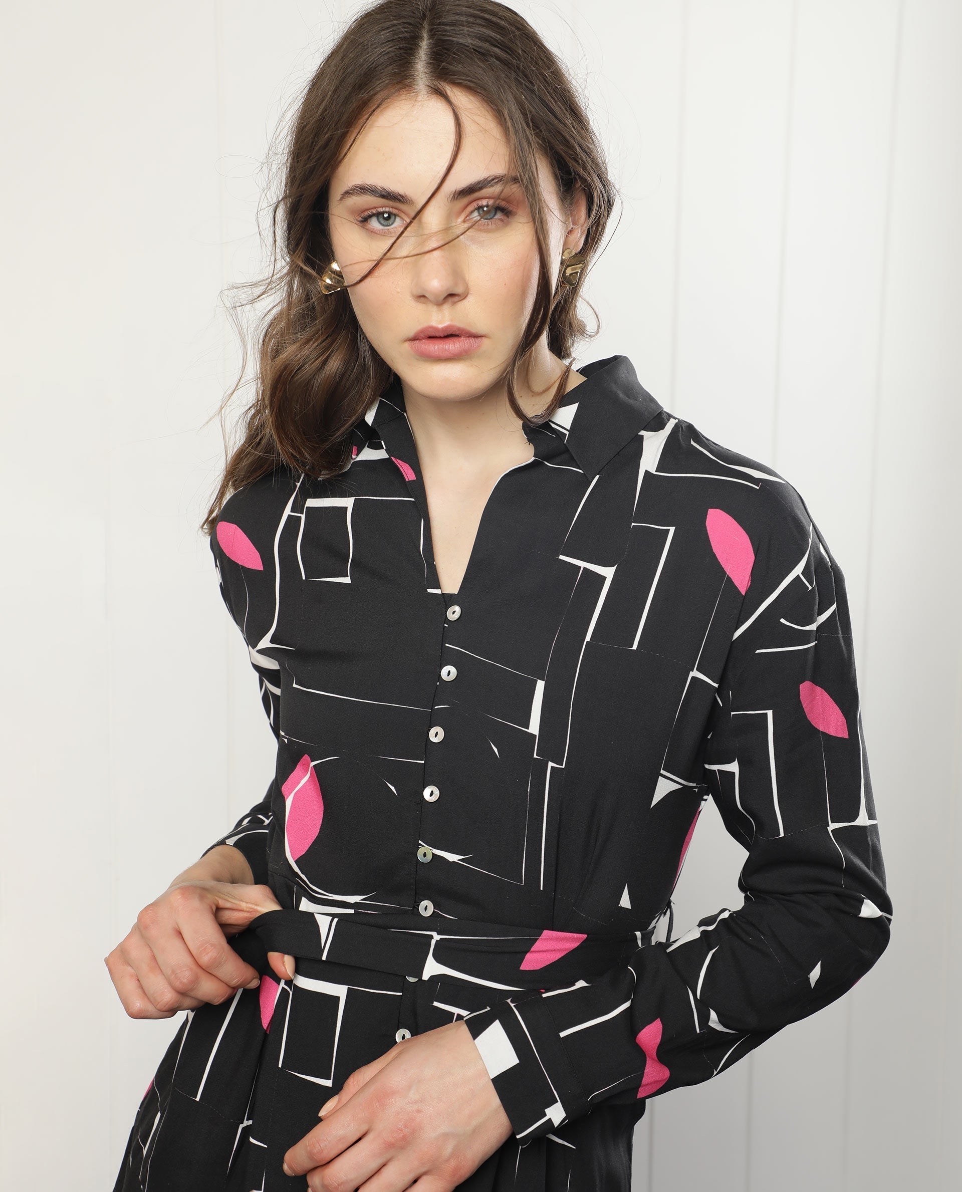 Rareism Women's Ortiz Black Cotton Drop Collar Abstract Print Mini Regular Fit Dress