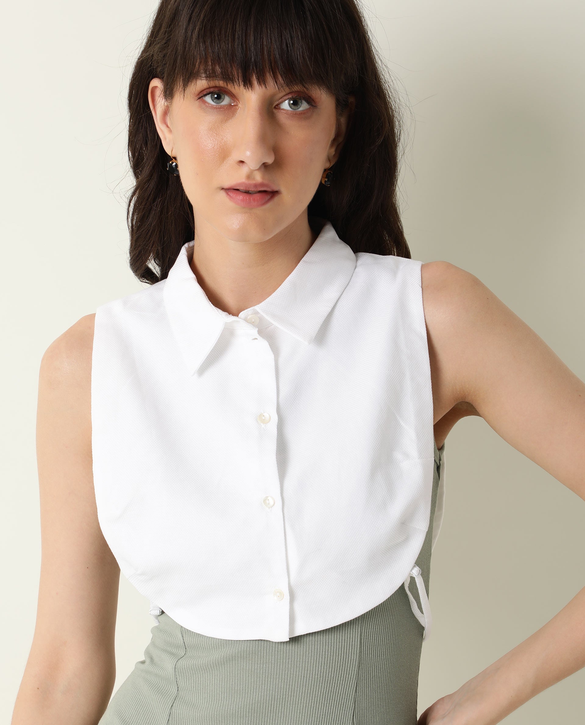 Rareism Womens Floret White Over Layer Cotton Fabric Cropped Length Sleeveless Button Fastening Collar Neck