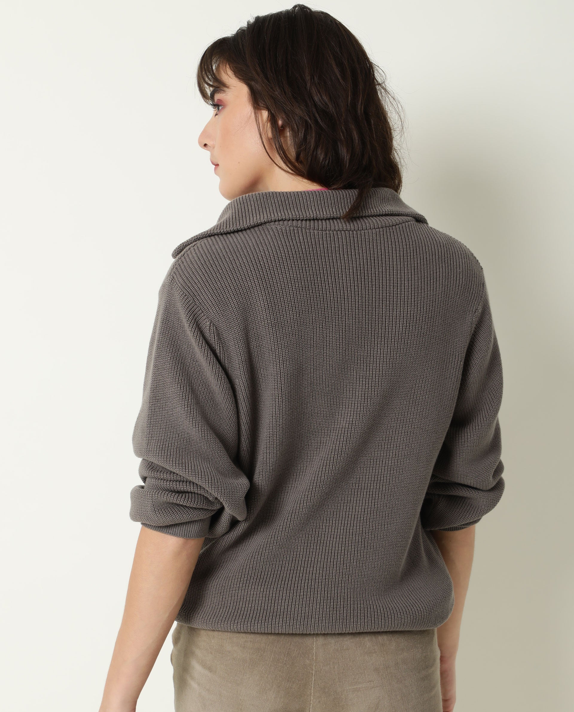 Rareism Women Swing Grey Sweater Full Sleeves Solid