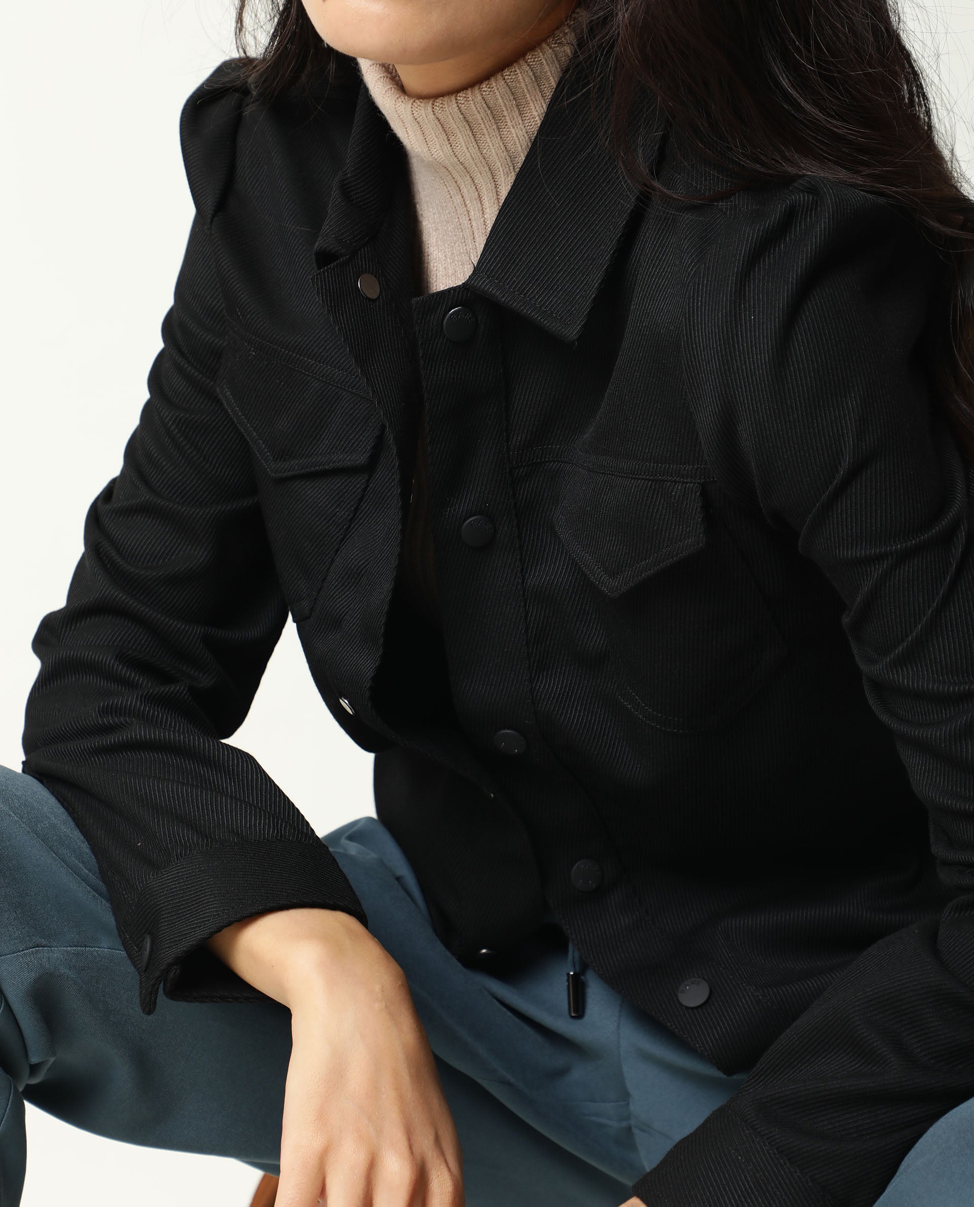 Rareism Women Taz Black Jacket Full Sleeves Solid