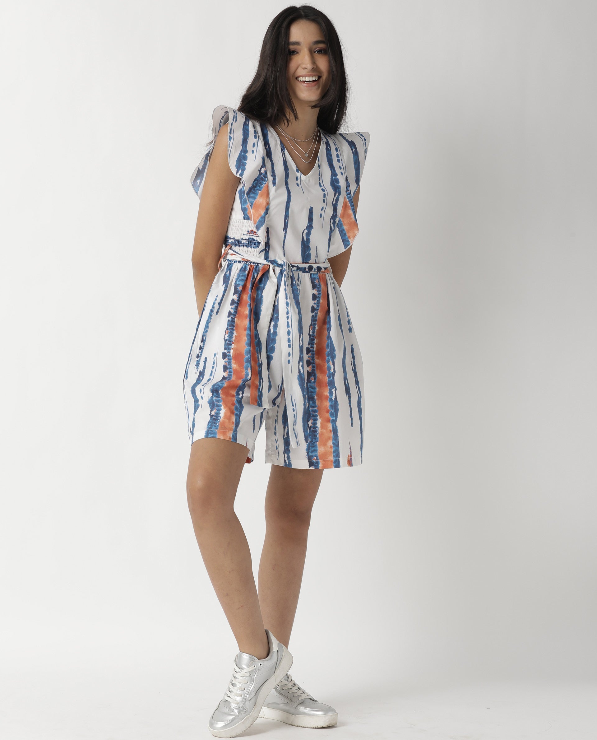 Rareism Women Camera Off White Cotton Fabric Regular Fit V-Neck Solid Playsuit