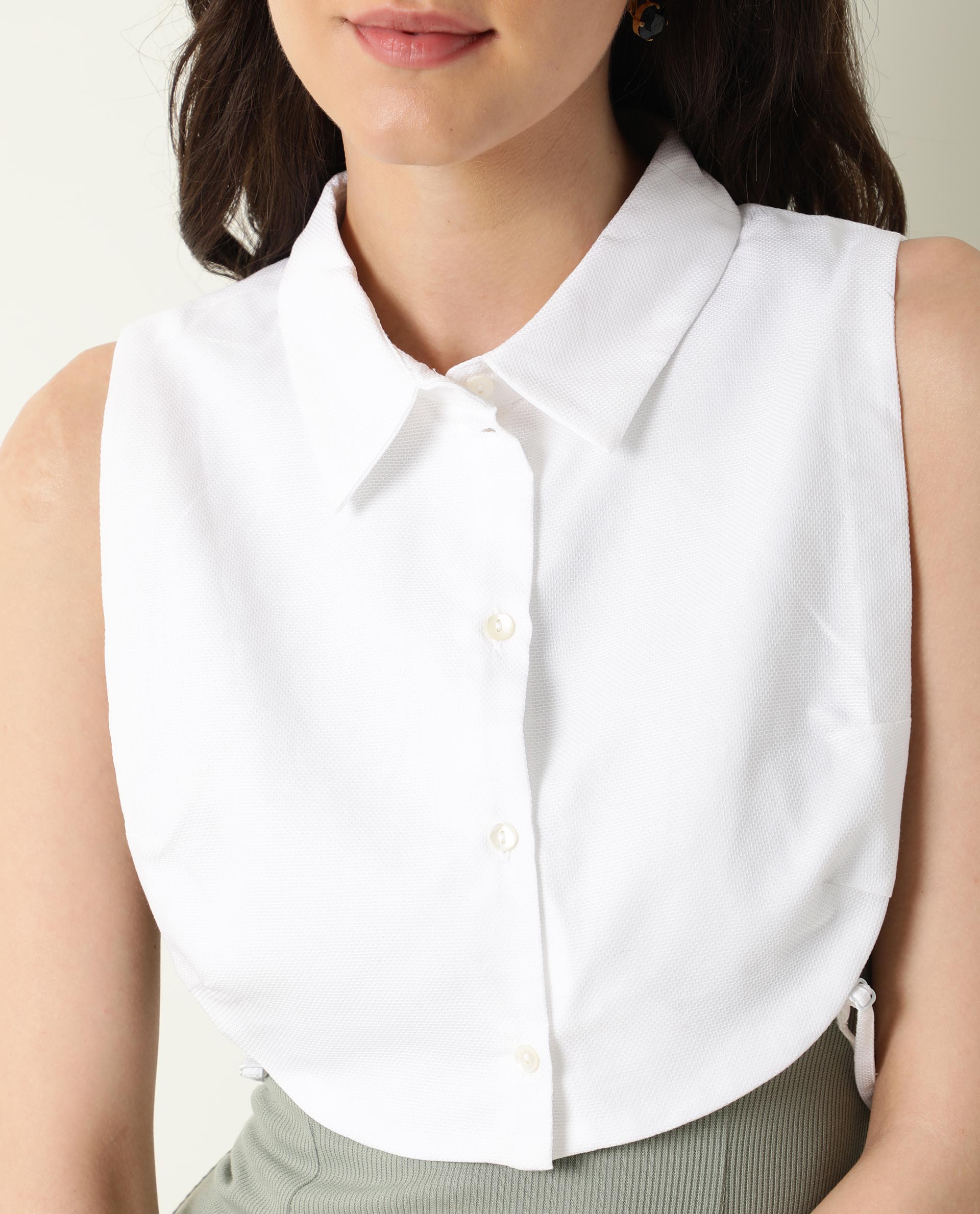 Rareism Womens Floret White Over Layer Cotton Fabric Cropped Length Sleeveless Button Fastening Collar Neck