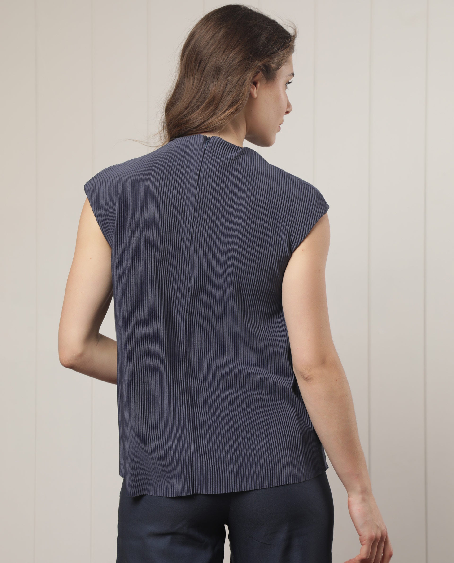 Rareism Women's Daffo Navy Polyester High Neck Textured Sleeveless Relaxed Fit Top