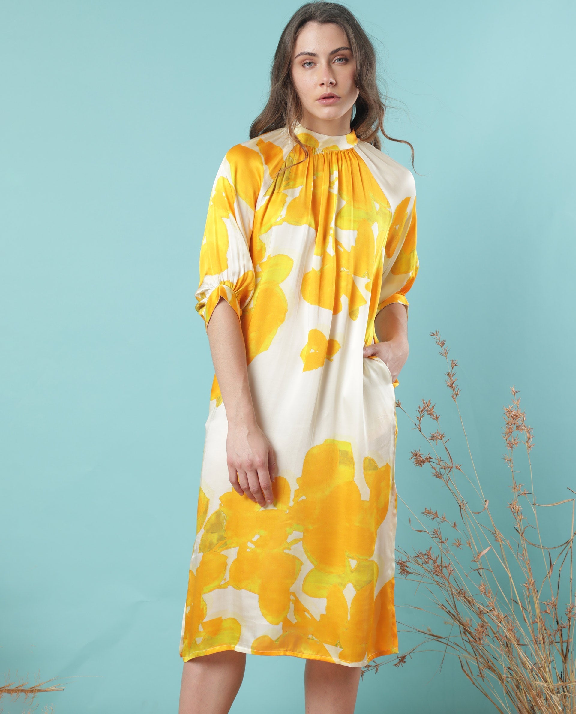 Rareism Women Tycoon Yellow Abstract Band Collar Half Sleeves With Puff And Pocket Knee Length Dress