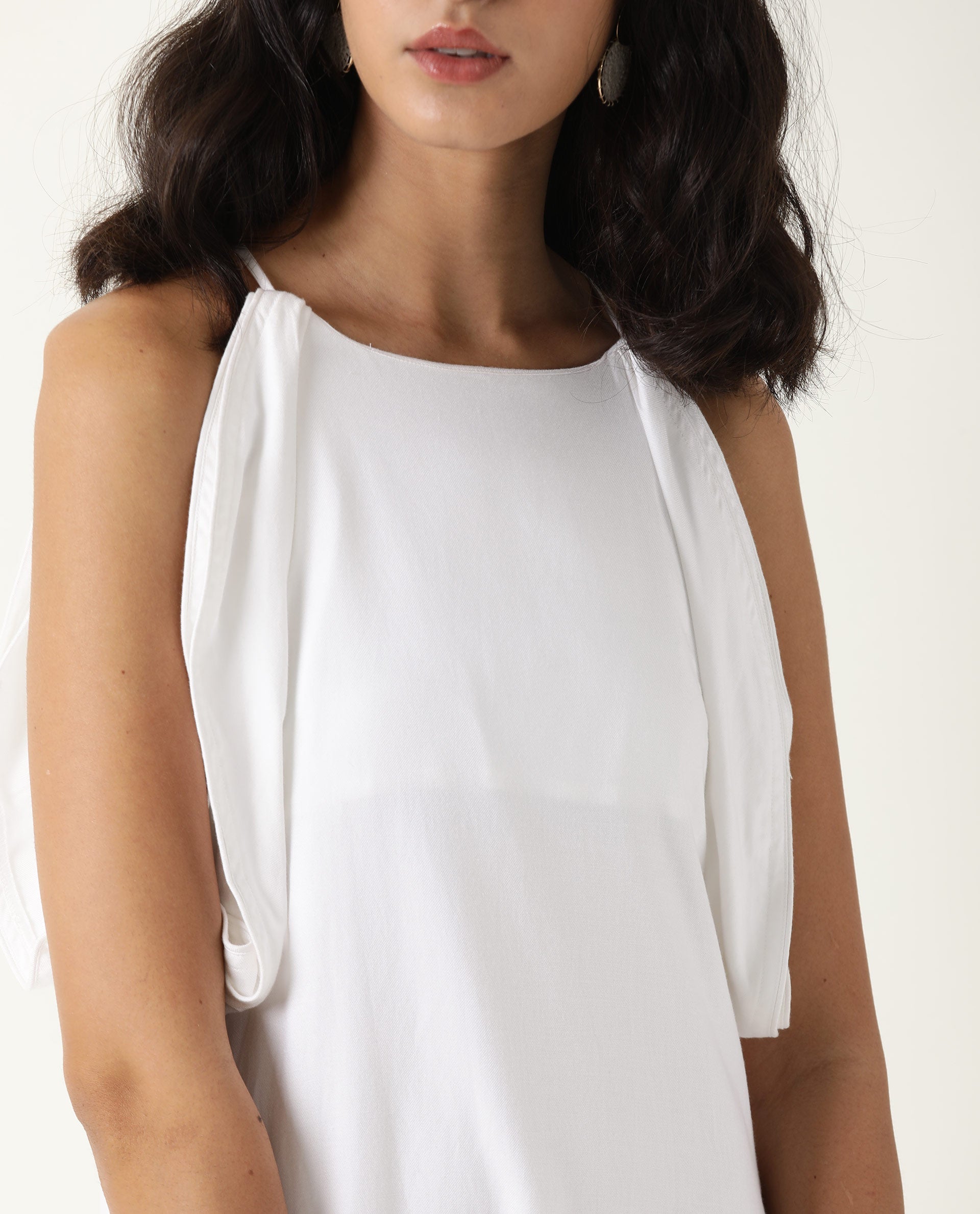 Rareism Women's Acron White Tencel Shoulder Strap Plain Sleeveless Maxi Regular Fit Dress
