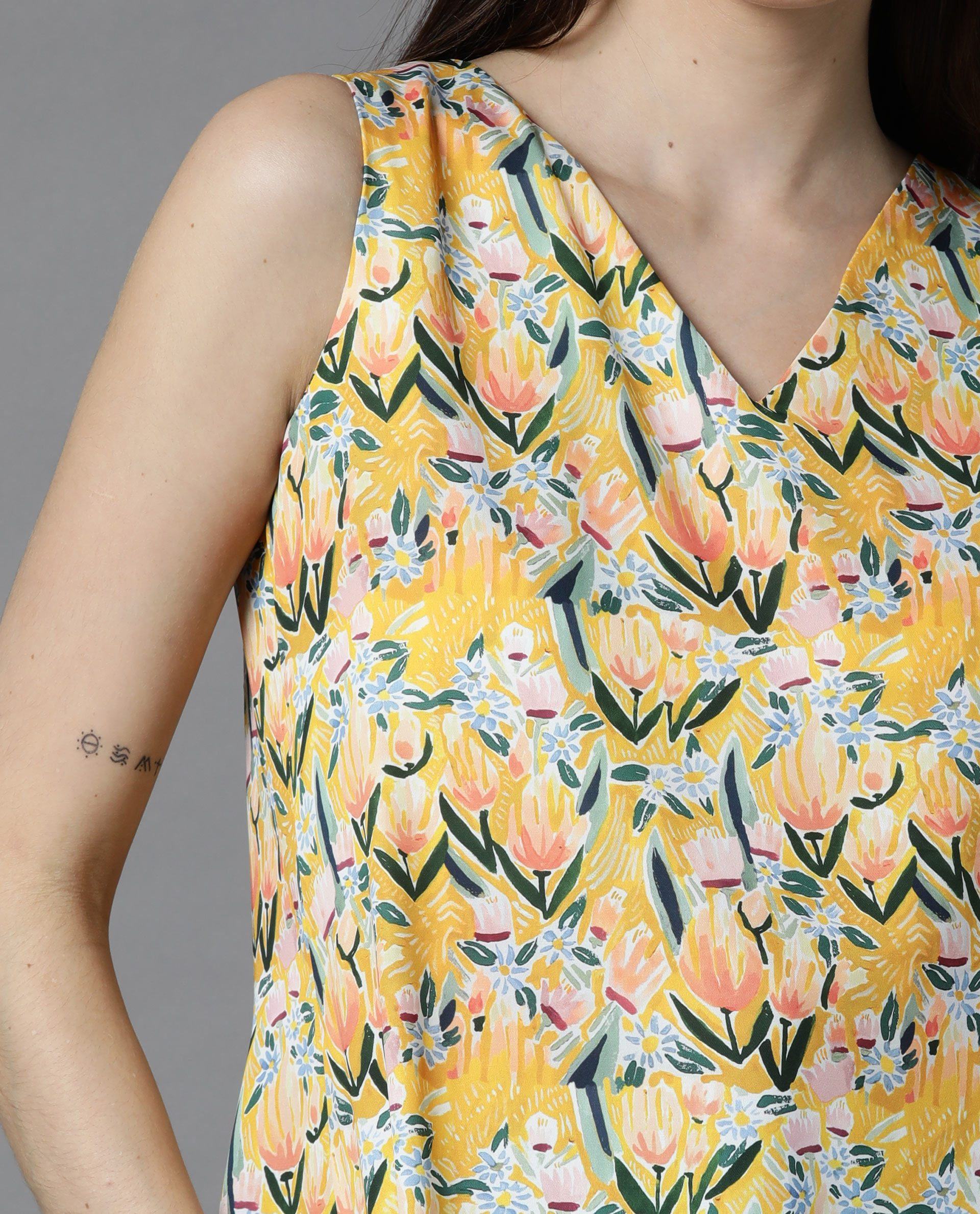 Rareism Women Look Yellow Relaxed Fit V-Neck Sleeveless Striped Top