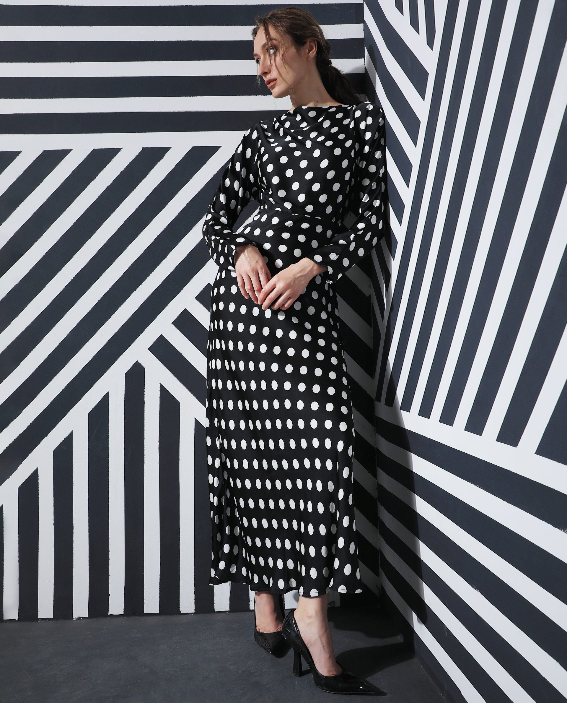 Rareism Women Alsus Black Polka Print Boat Neck Full Sleeves Maxi Dress