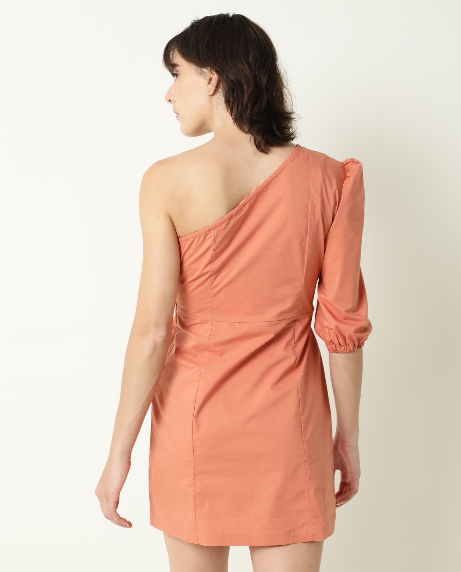 Rareism Women's Floris Peach Polyester Blend One Shoulder Plain Puff Sleeves Knee Length Slim Fit Dress