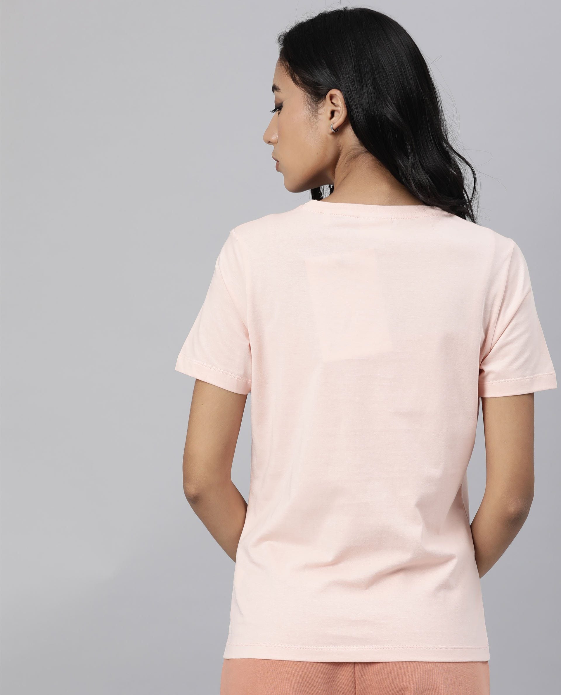 Rareism Women Luani Light Peach Cotton Fabric Regular Fit Half Sleeves Graphic Print Round Neck T-Shirt