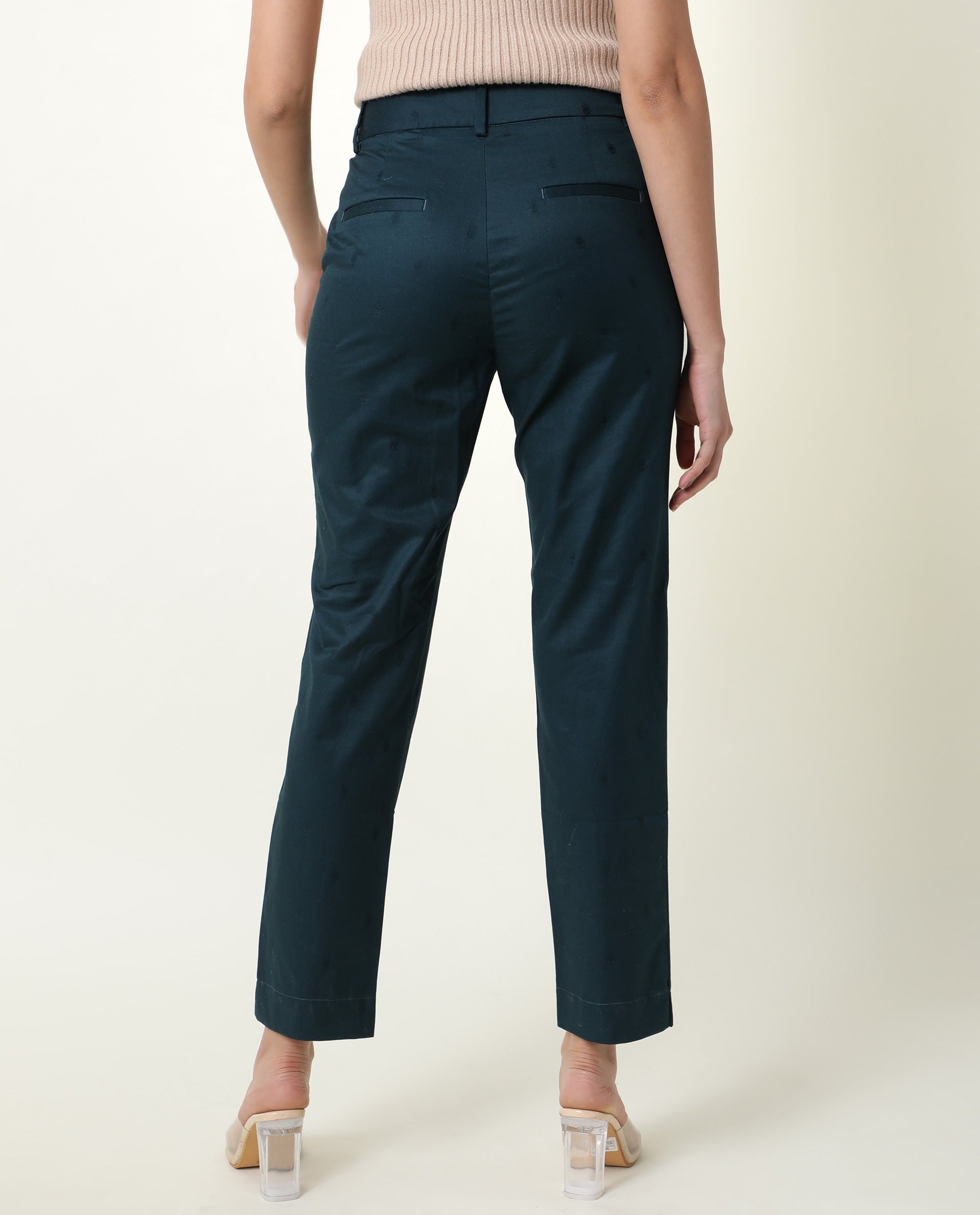 Rareism Women's Odyssey Petrol Viscose Plain Ankle Length Tailored Trouser