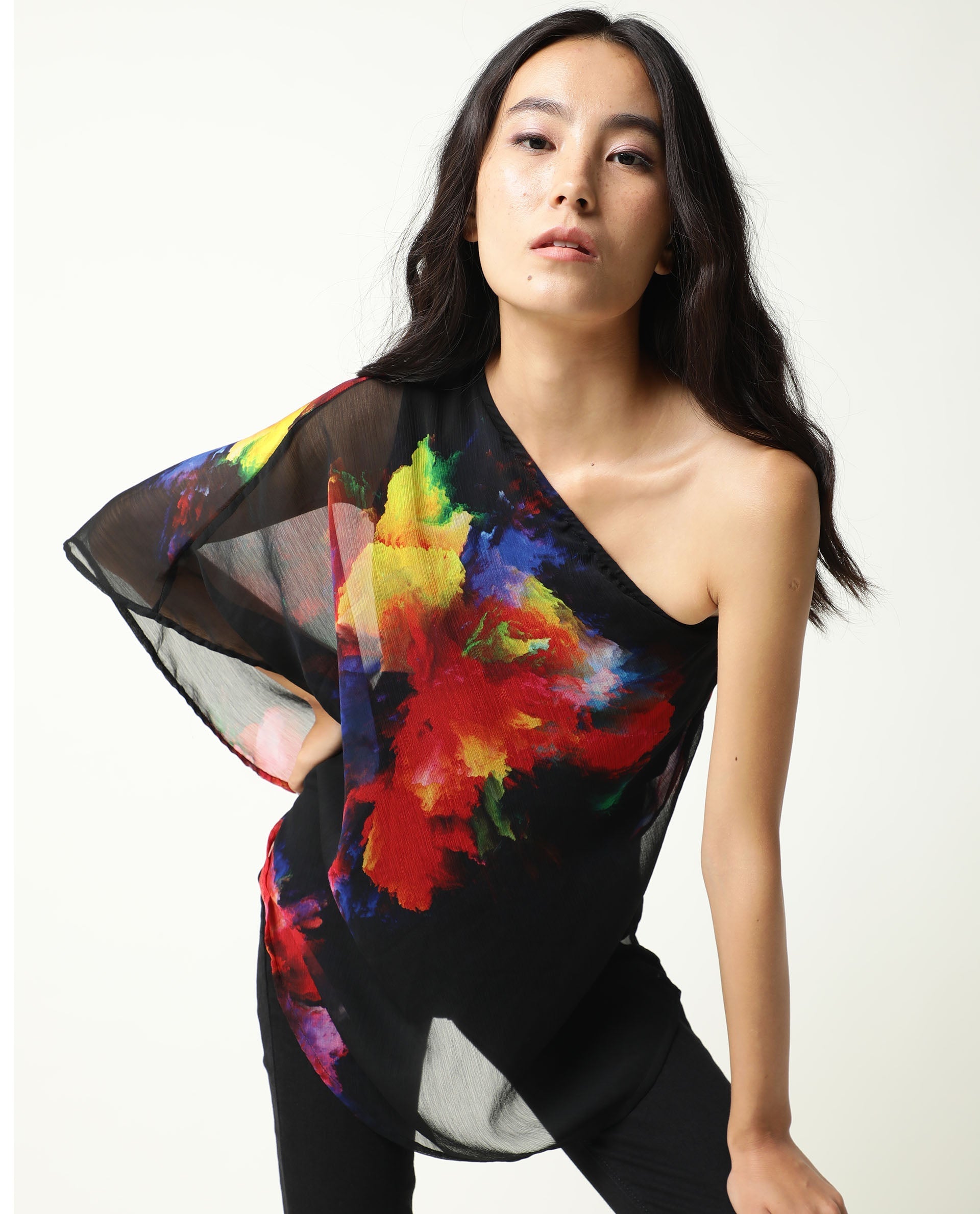 Rareism Womens Propose Black Top Viscose Fabric Regular Fit One Shoulder One Shoulder Neck