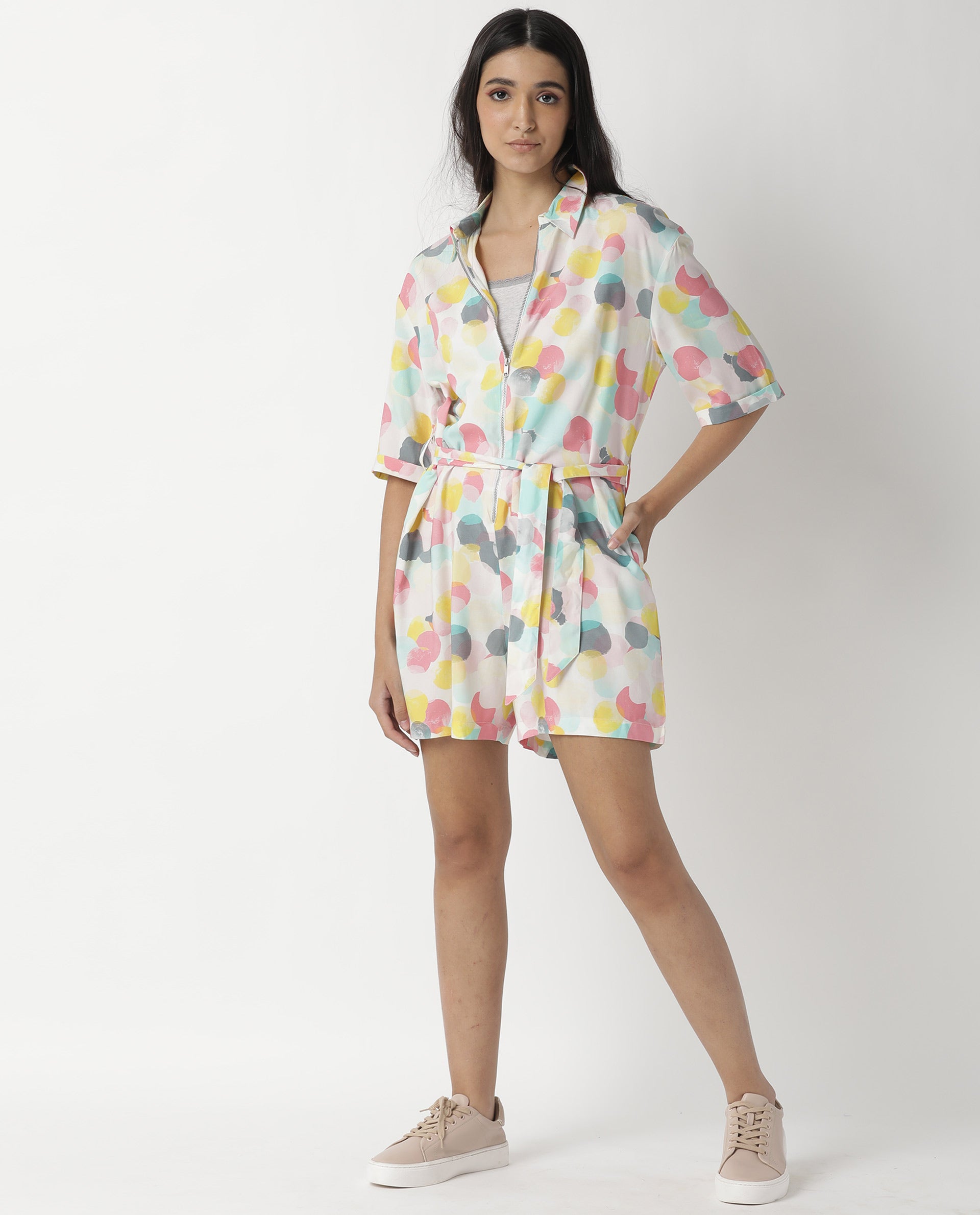 Rareism Womens Bro Pink Jumpsuit Viscose Fabric Regular Fit Half Sleeve Round Neck