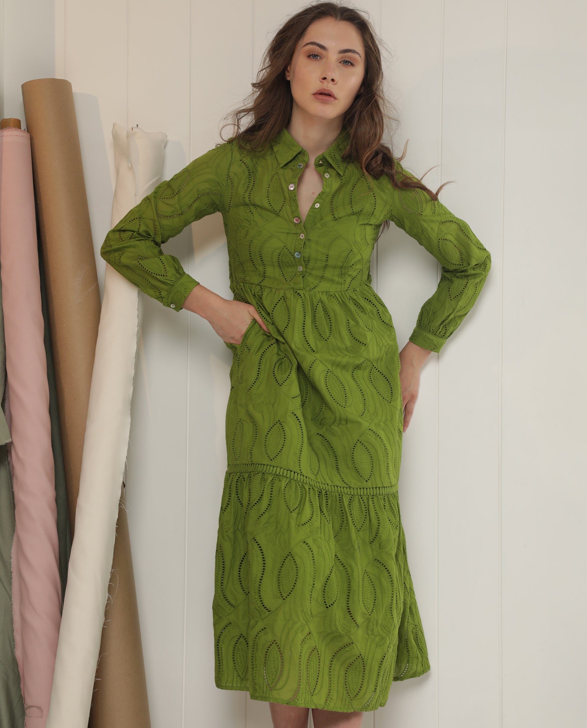 Rareism Women's Darcy Green Cotton Spread Collar Schiffli Knee Length Slim Fit Dress