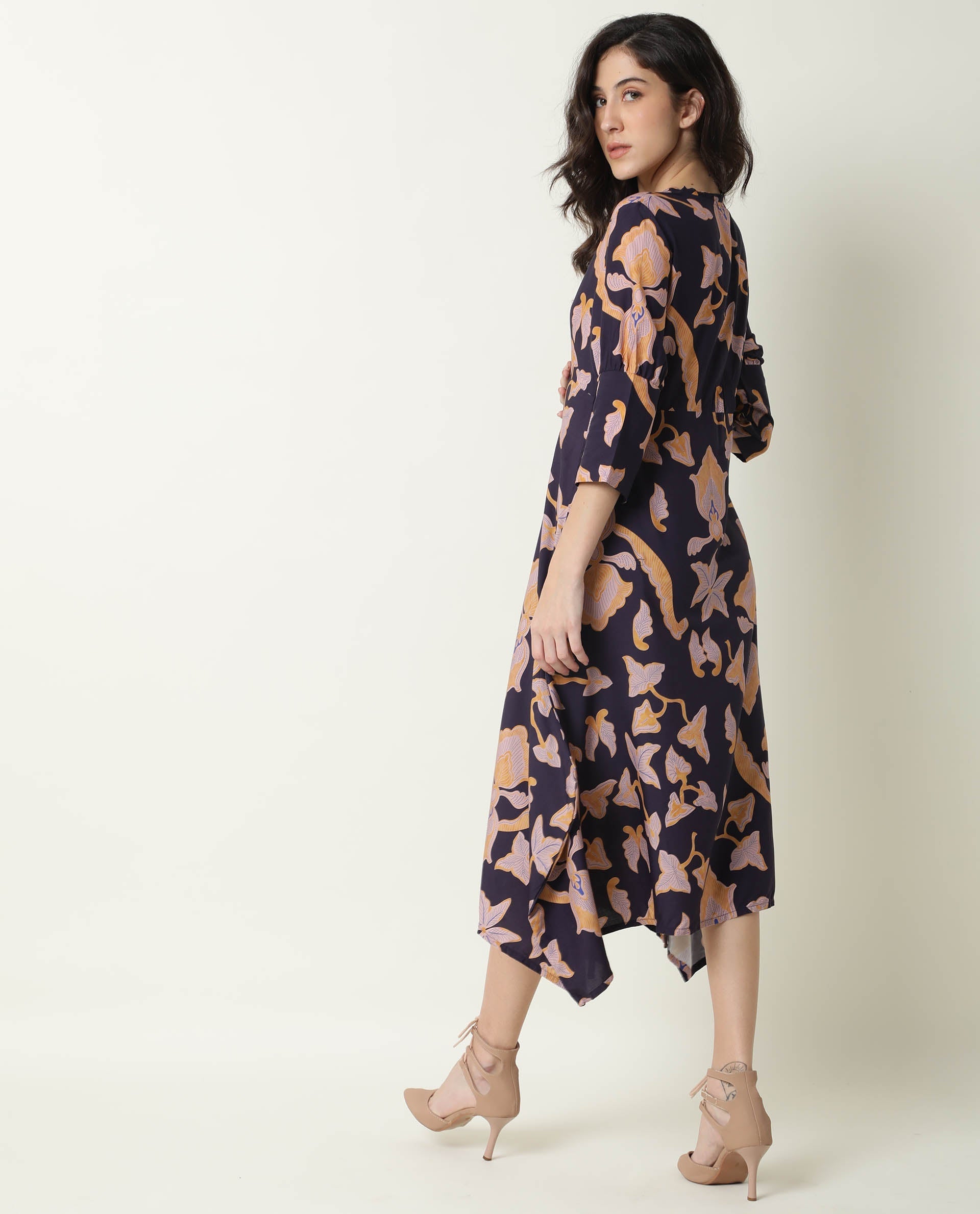 Rareism Women's Kenna Navy V-Neck Abstract Print Knee Length Regular Fit Dress