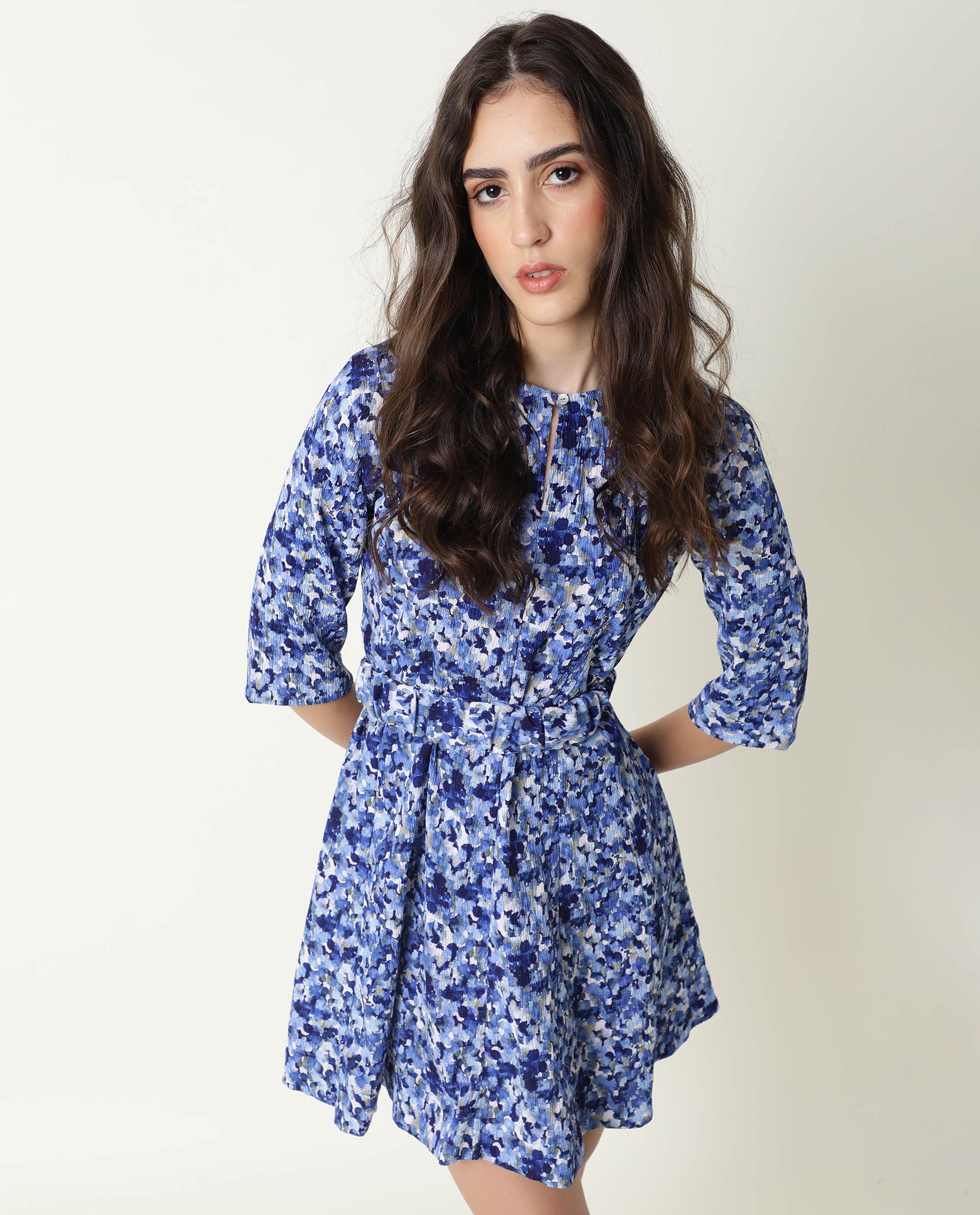 Rareism Womens Maisey Blue Dress Polycoton Fabric Half Sleeve Round Neck