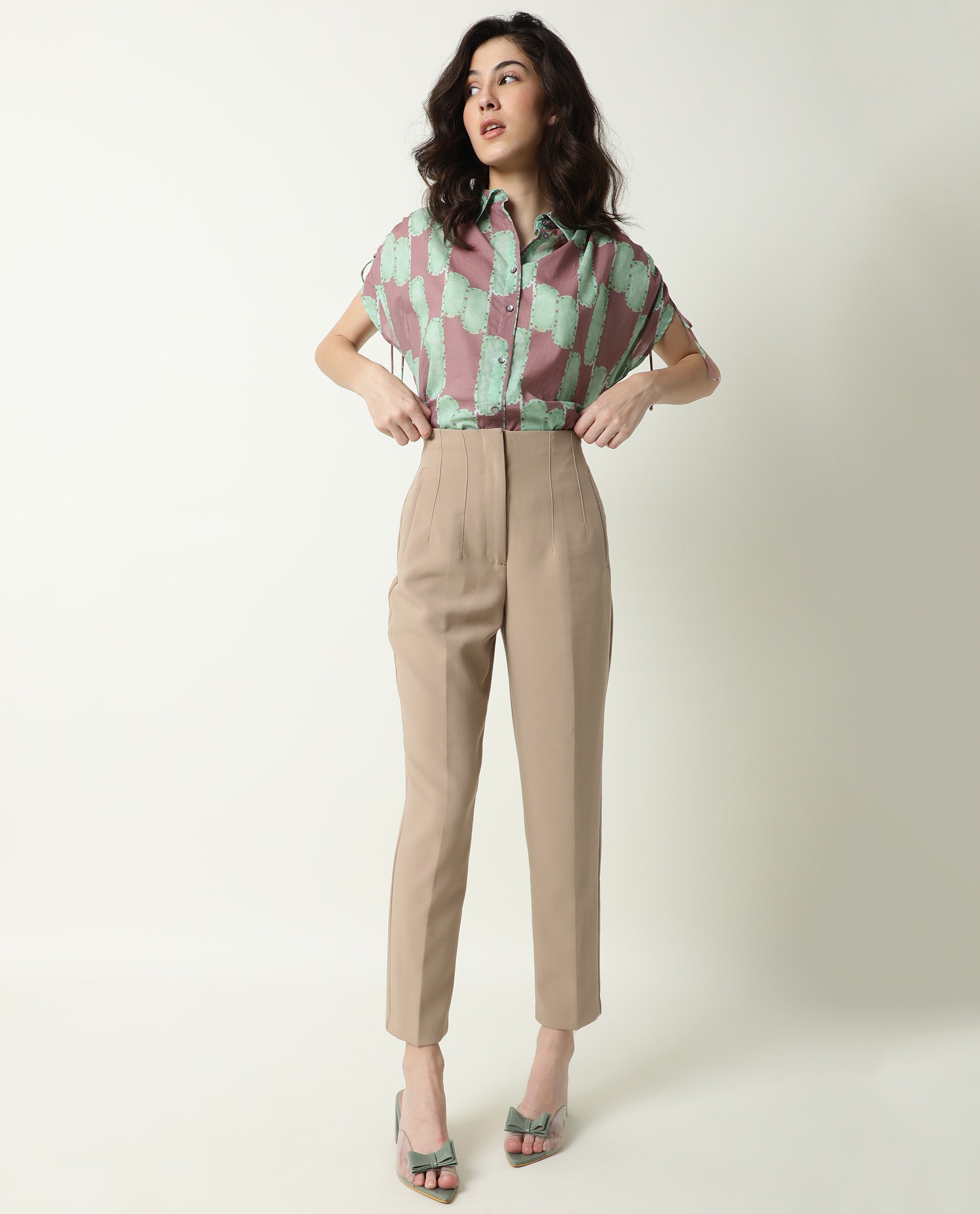 Rareism Women's Hudson Pink Spread Collar Geometric Print Knee Length Relaxed Fit Top