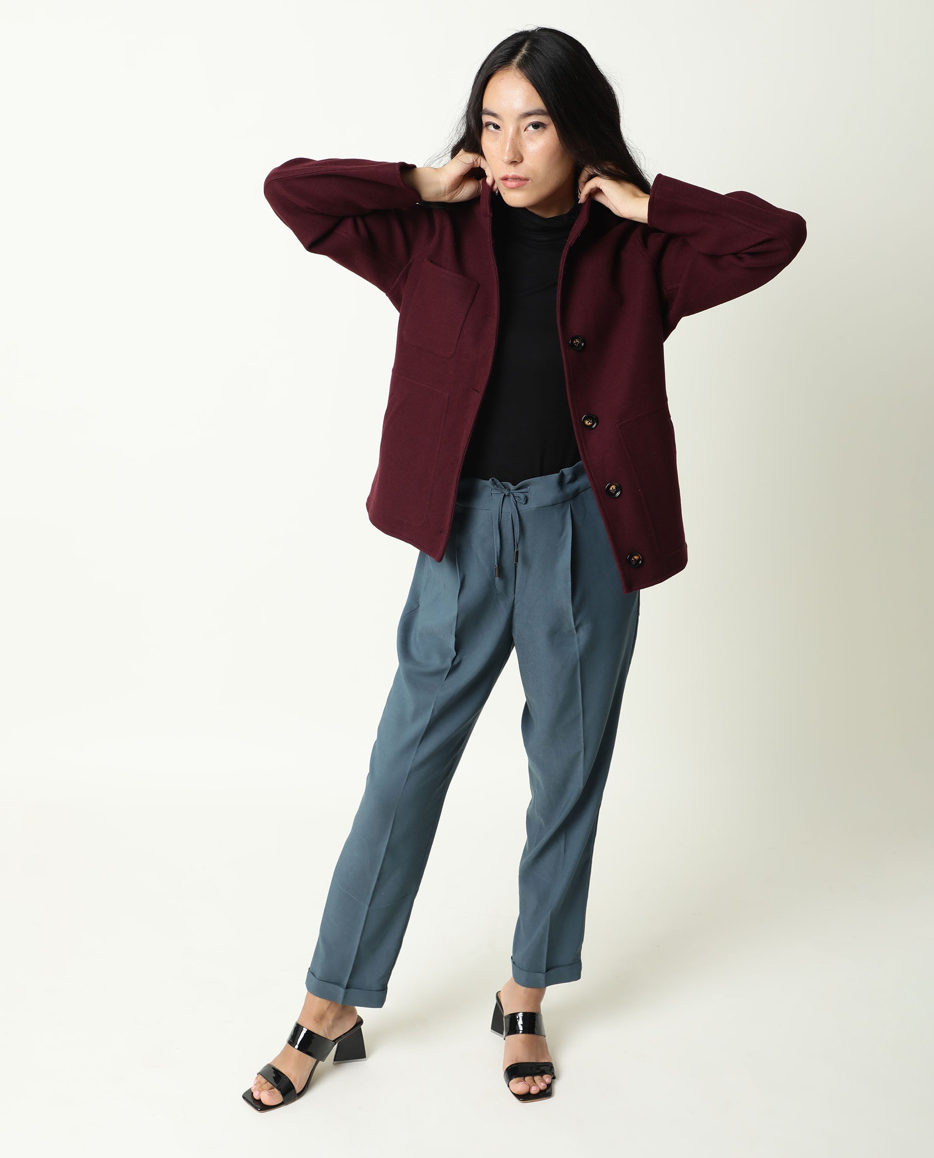 Rareism Women Comico Maroon Polyester Fabric Full Sleeves Solid Mandarin Collar Jacket