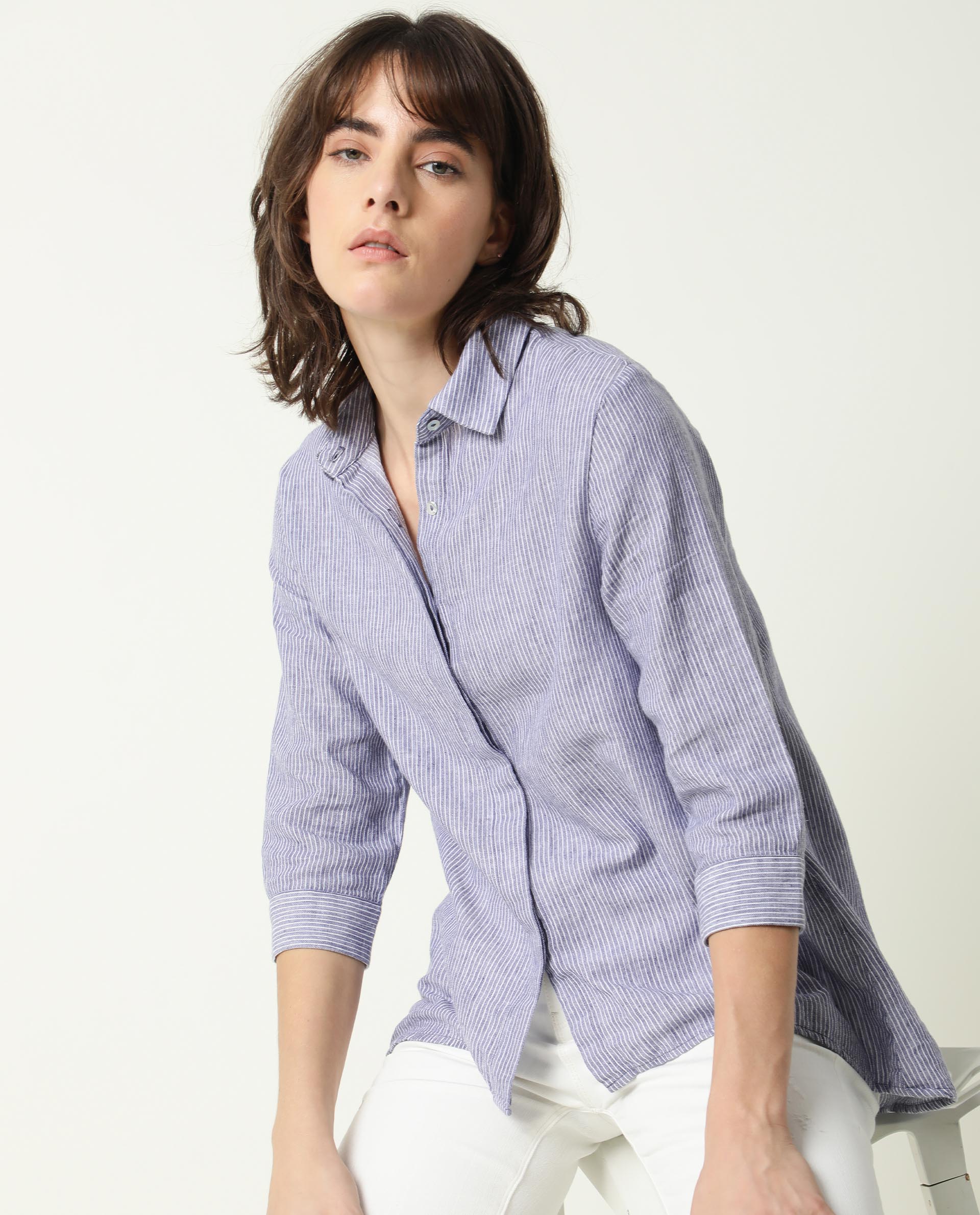 Rareism Womens Stellio Blue Top Cotton Linen Fabric 3/4 Sleeve Collared Neck