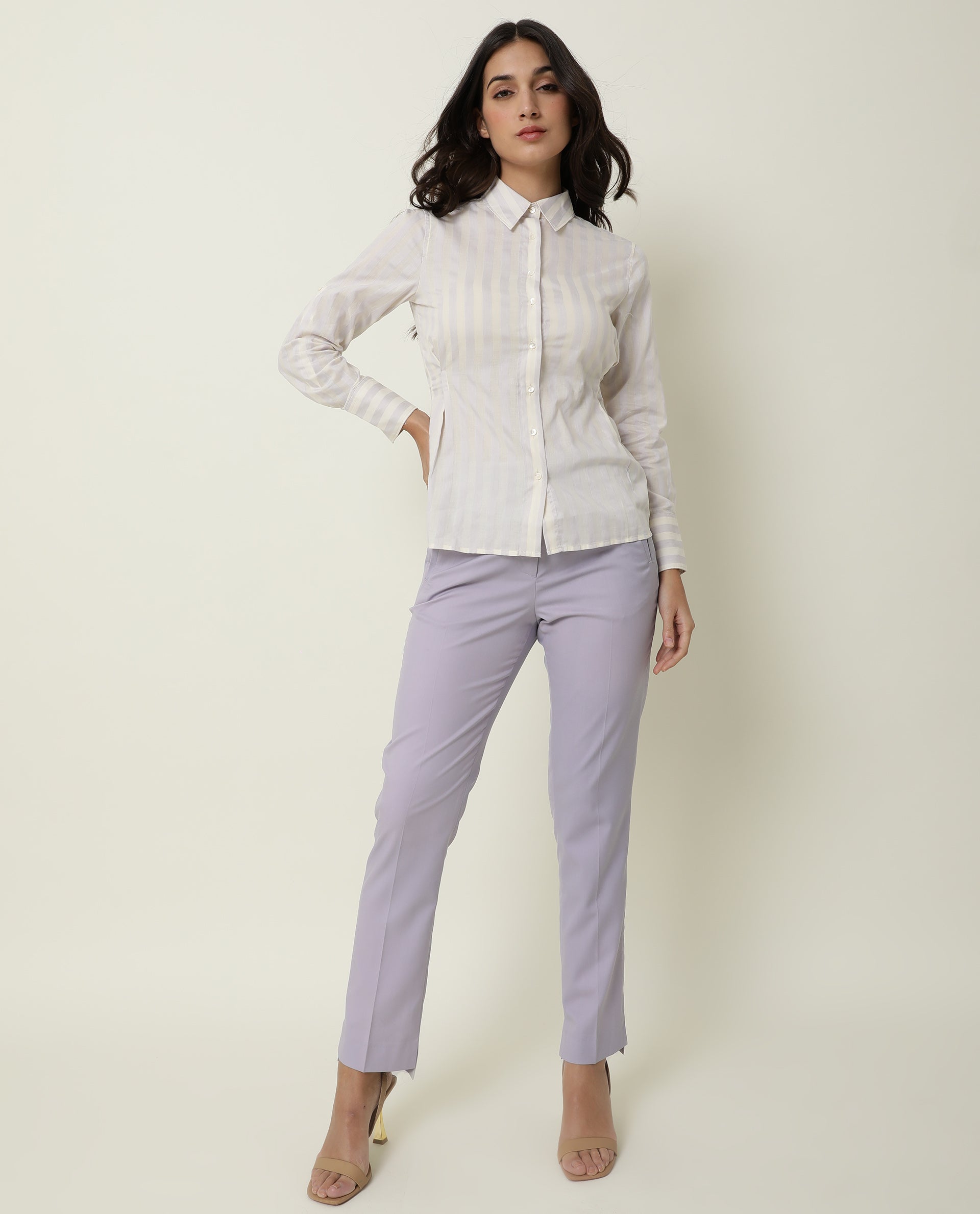 Rareism Women's Pickle Yellow Cotton Spread Collar Striped Regular Fit Top