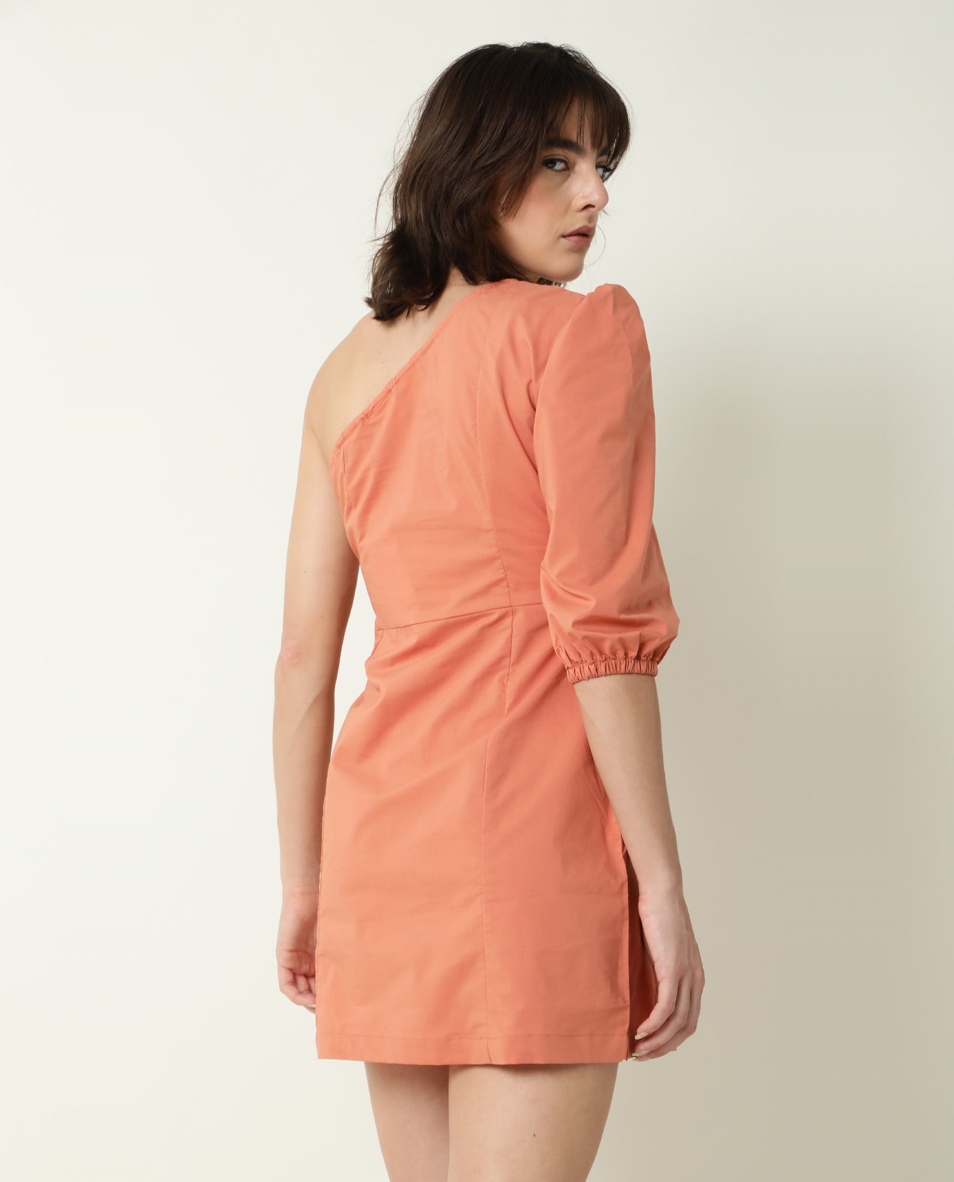 Rareism Women's Floris Peach Polyester Blend One Shoulder Plain Puff Sleeves Knee Length Slim Fit Dress