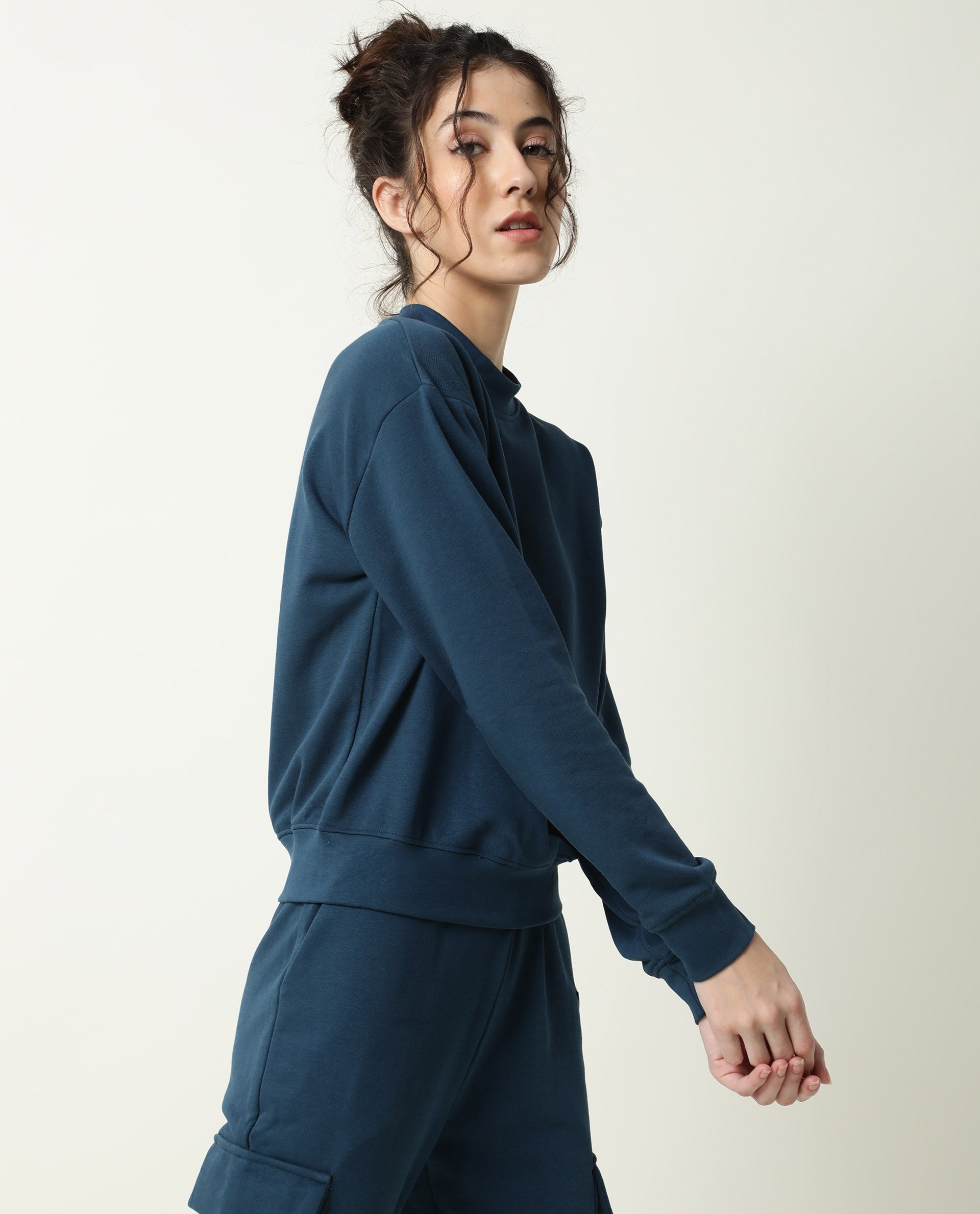 Rareism Women Necker Petrol Relaxed Fit Full Sleeves Solid High Neck Sweatshirt