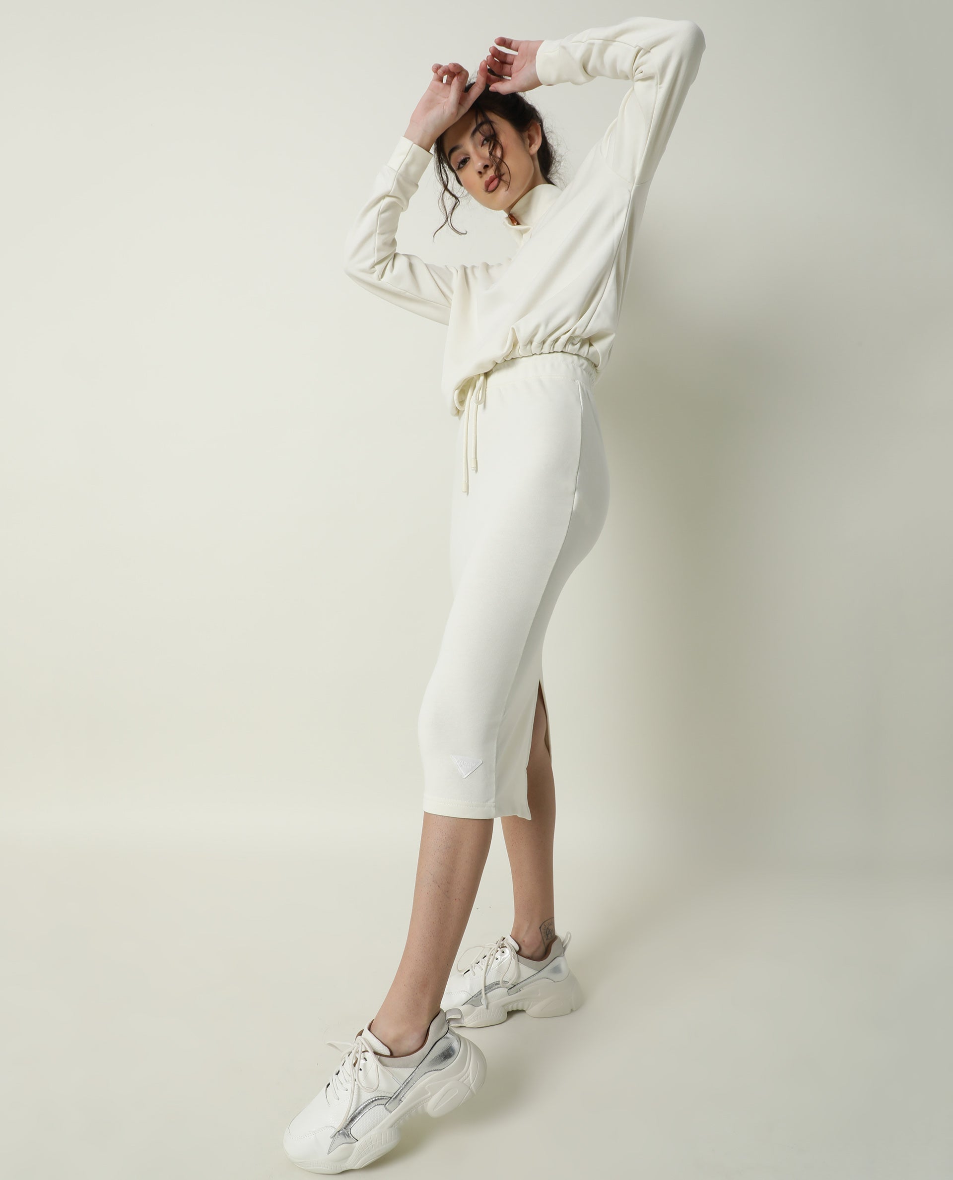 Rareism Women Fudge-1 Off White Poly Cotton Fabric Tailored Fit High Rise Solid Midi Skirt