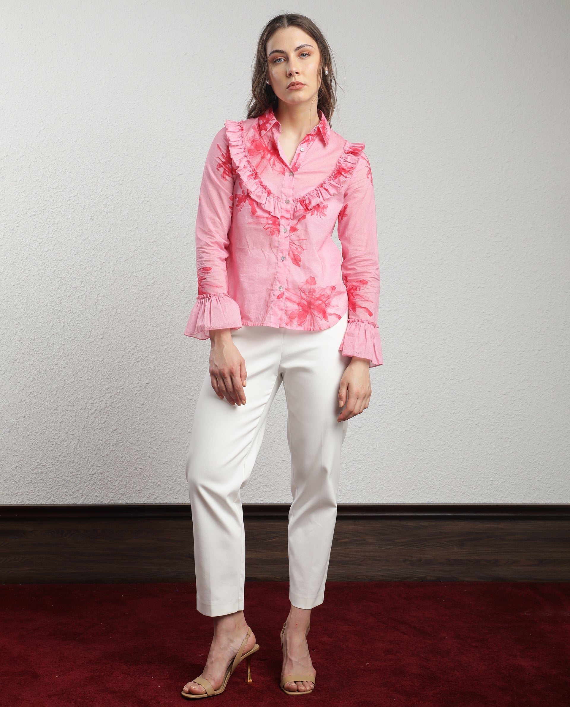 Rareism Women's Lenora Pink Cotton Spread Collar Floral Print Ruffled Sleeve Regular Fit Top