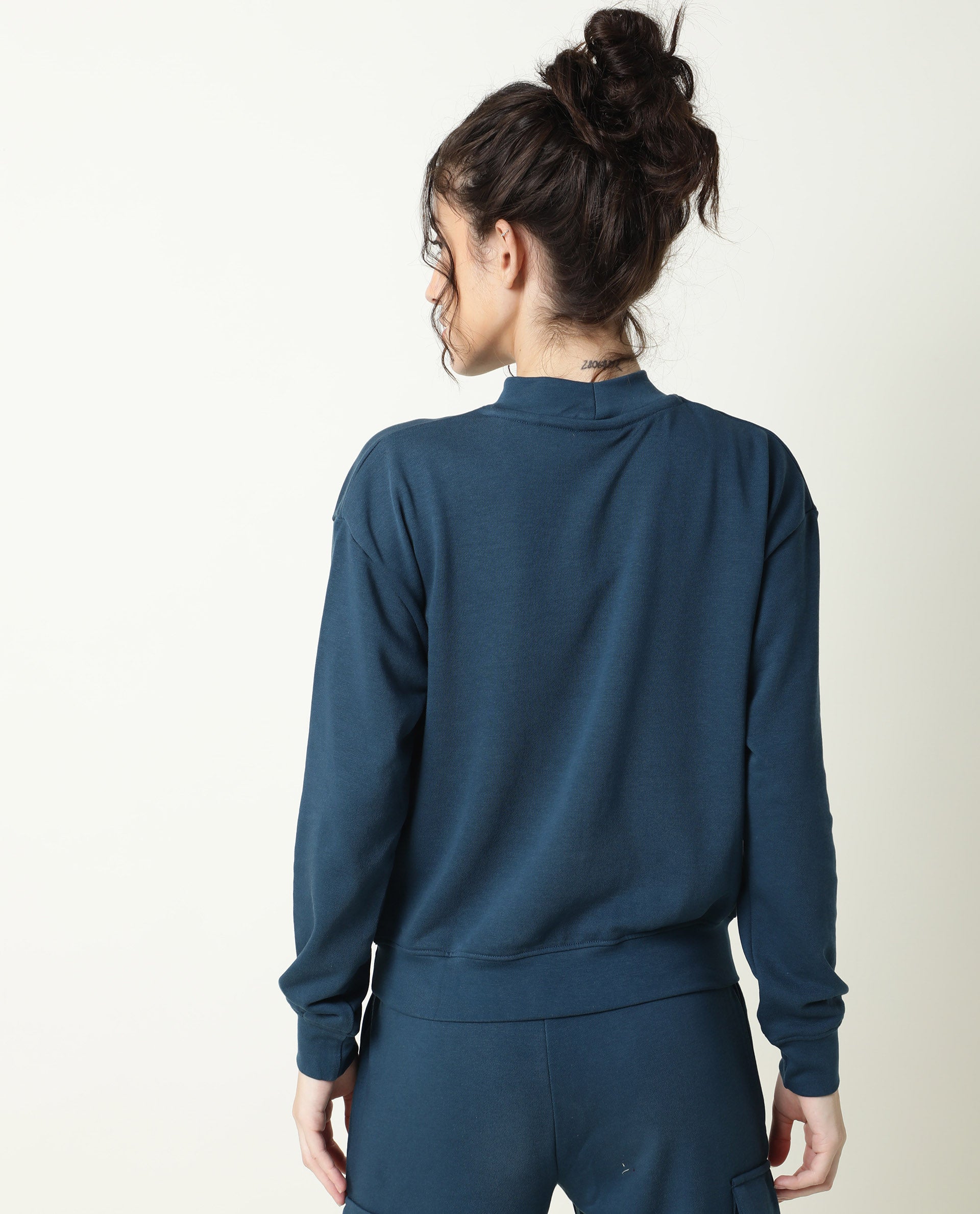 Rareism Women's Necker Petrol High Neck Plain Relaxed Fit Sweatshirt