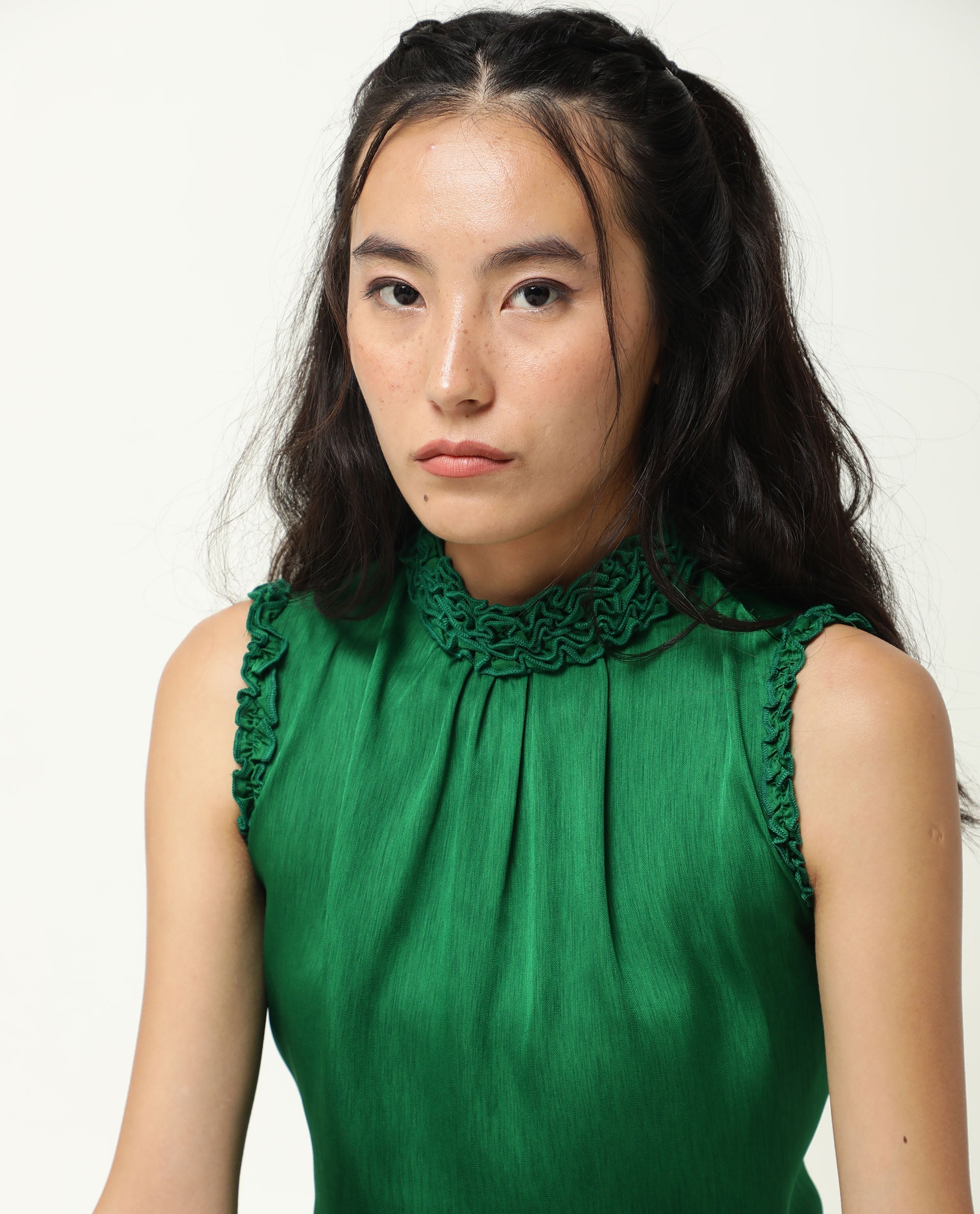 Rareism Womens Baileys Green Top Polyester Fabric Sleeveless Ruffled Neck
