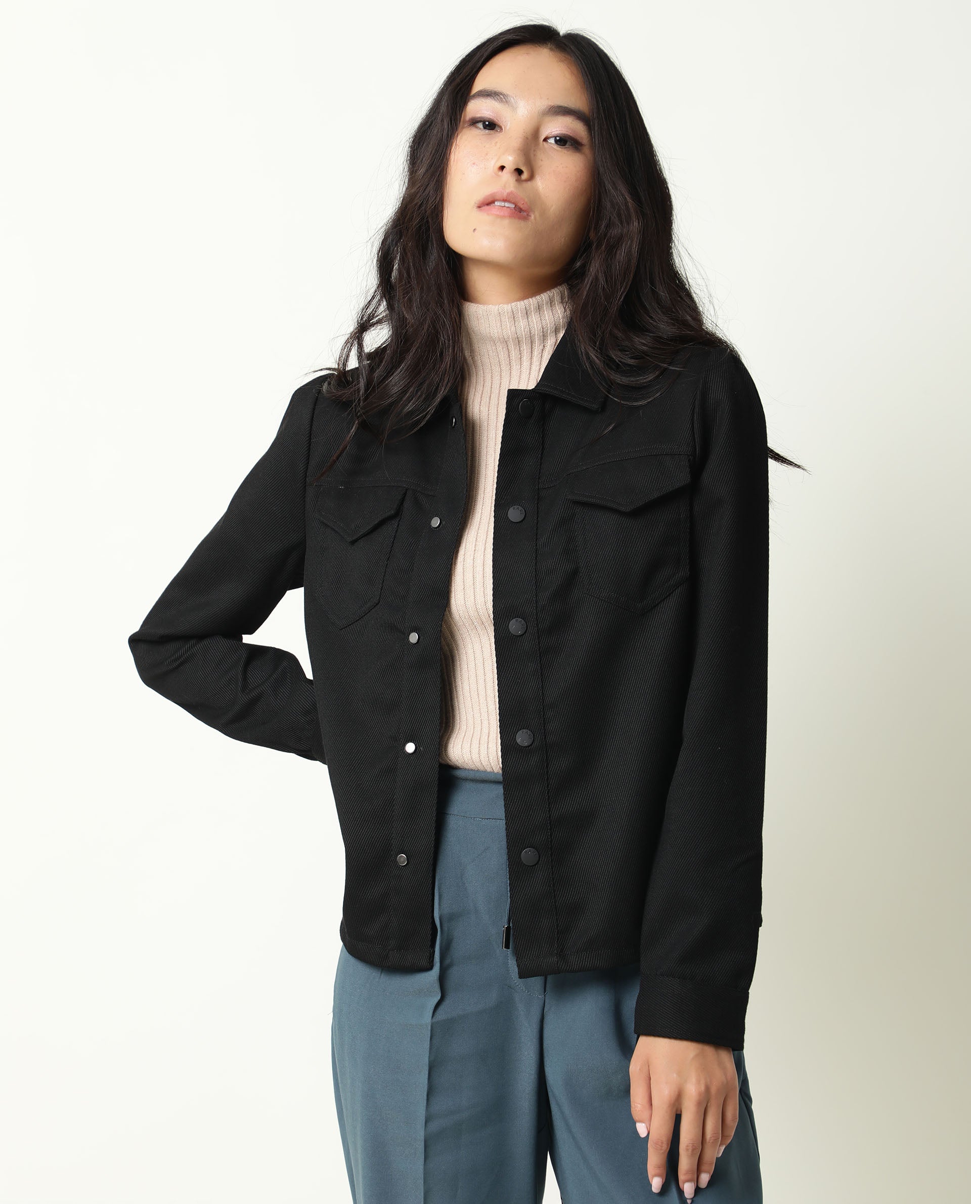 Rareism Women Taz Black Jacket Full Sleeves Solid