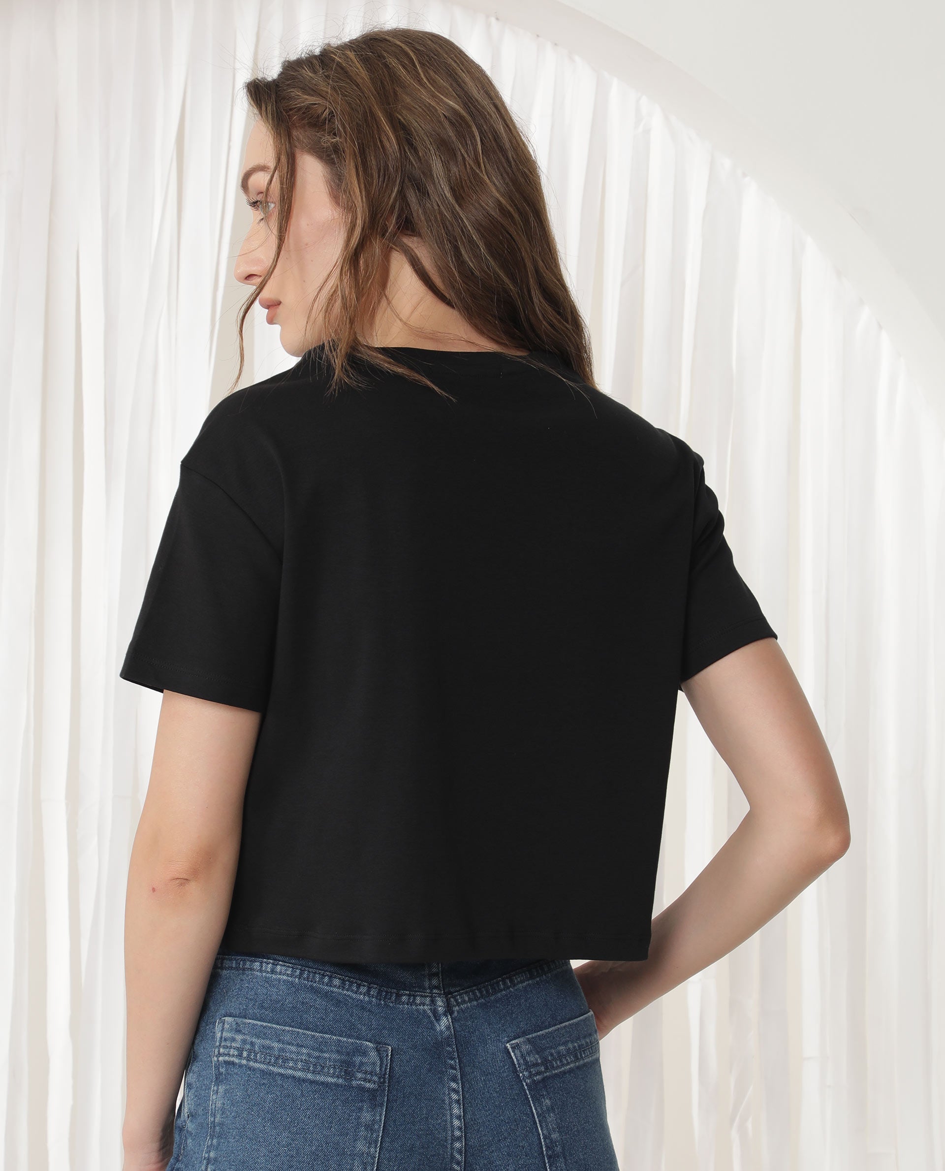 Rareism Women's Ictor Black Cotton Crew Neck Graphic Print Regular Fit T-Shirt