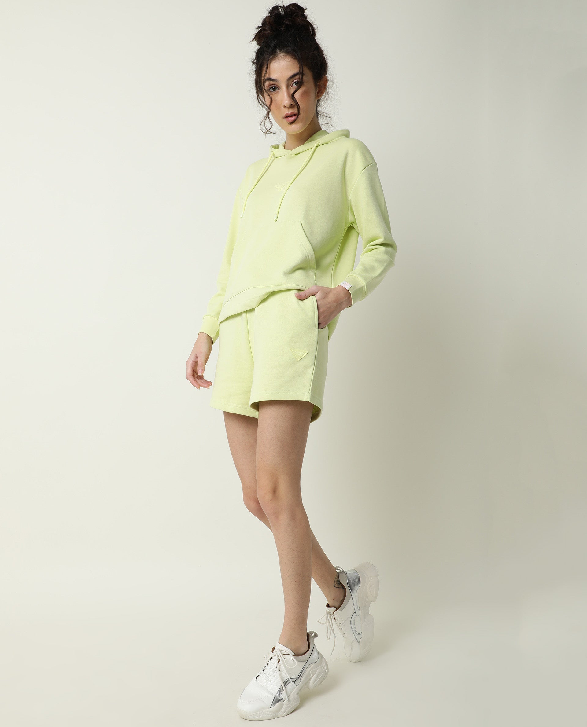Rareism Women's Spence-1 Lime Green Polyester Blend Plain Mini Regular Fit Shorts