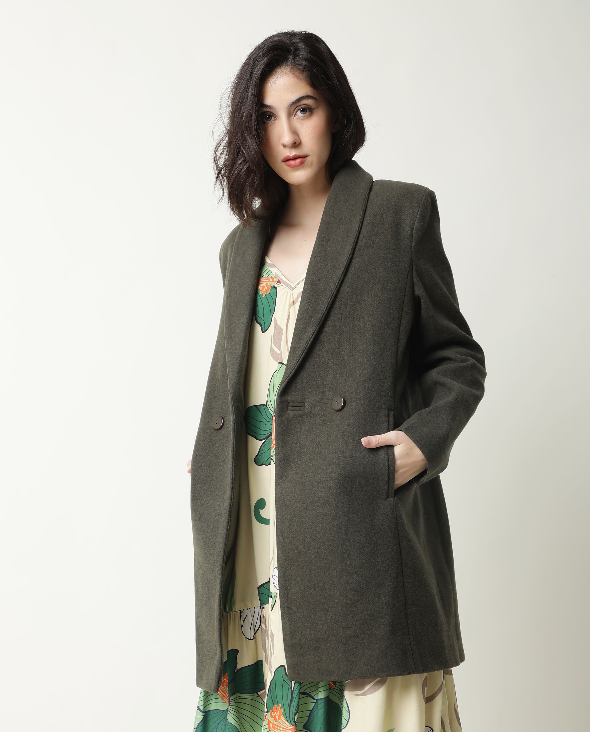 Rareism Women Avon Olive Polyester Fabric Full Sleeves Solid Lapel Neck Jacket