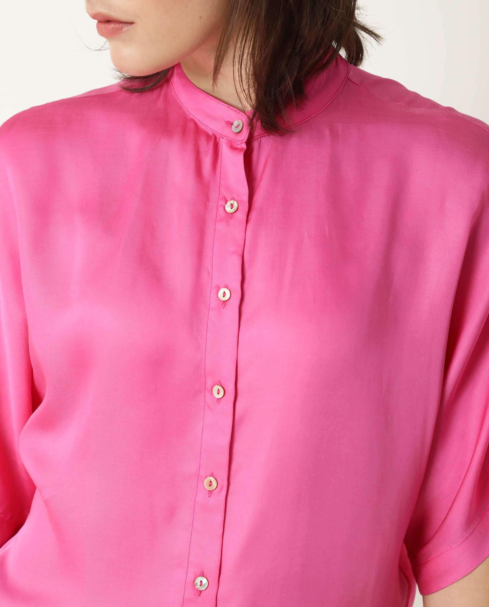 Rareism Womens Paige Pink Top Modal Satin Fabric Regular Fit Kimono Sleeve Mandarin Neck