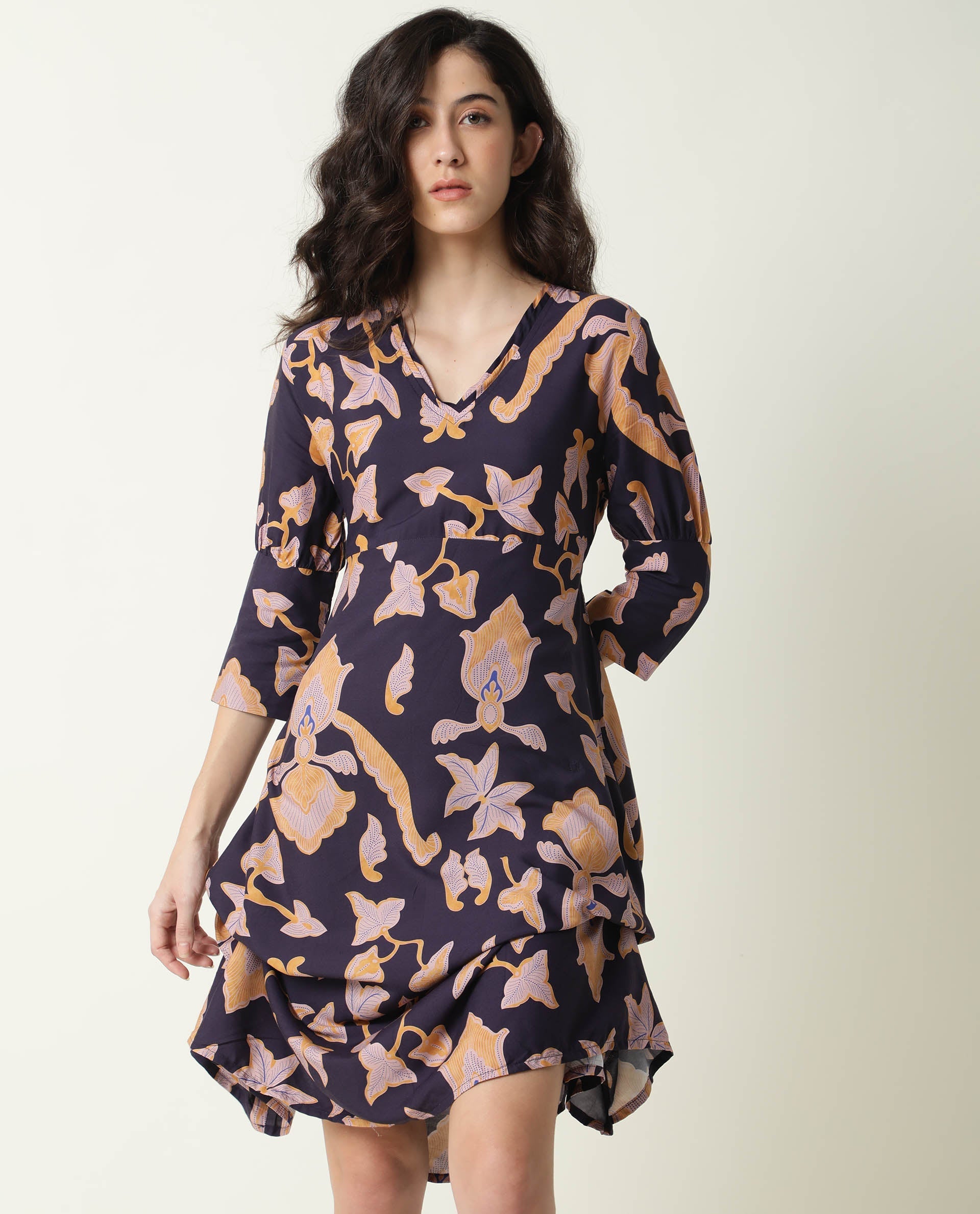 Rareism Women's Kenna Navy V-Neck Abstract Print Knee Length Regular Fit Dress